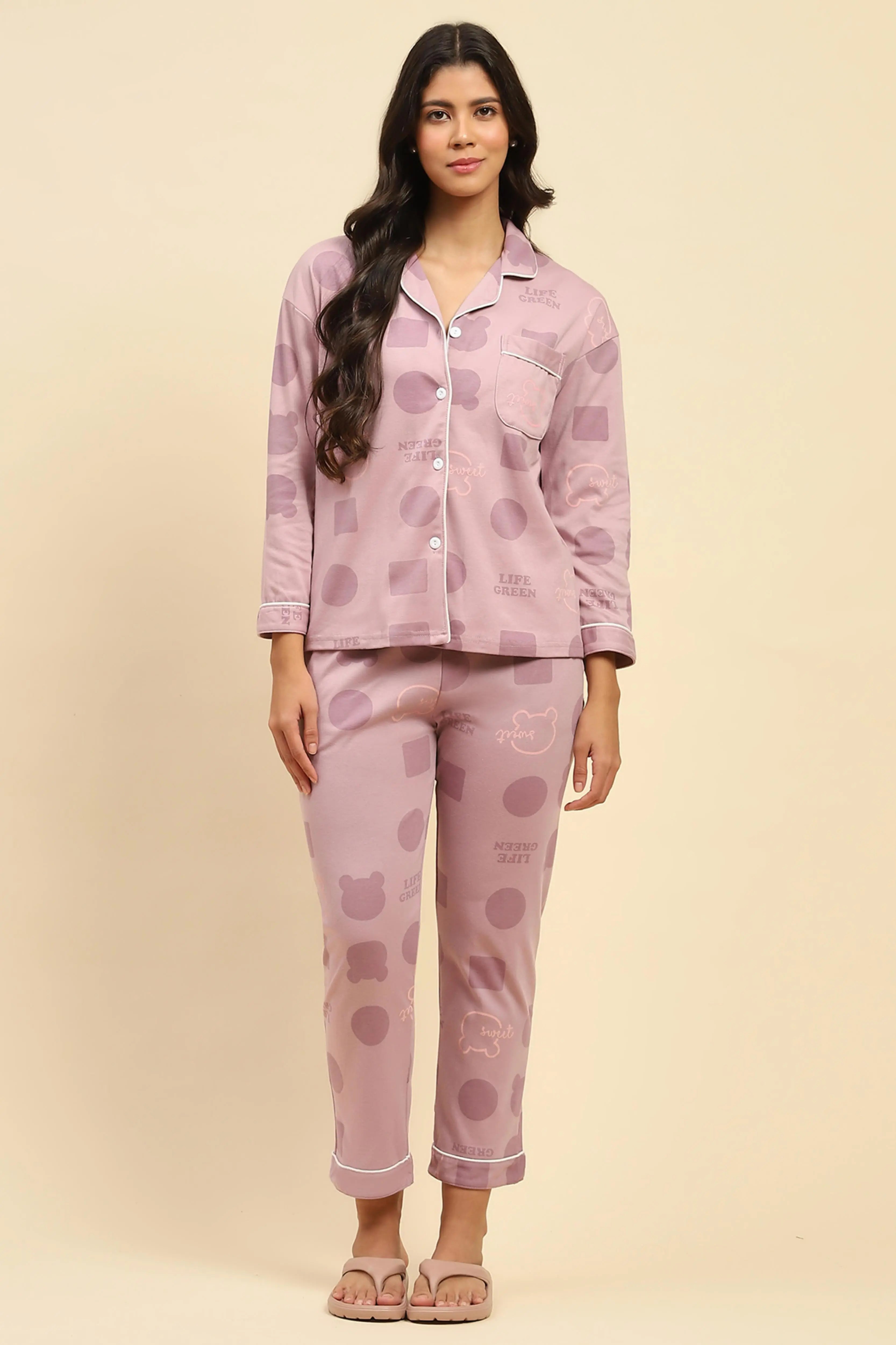 Purple Printed Cotton Blend Nightsuit - Global Republic