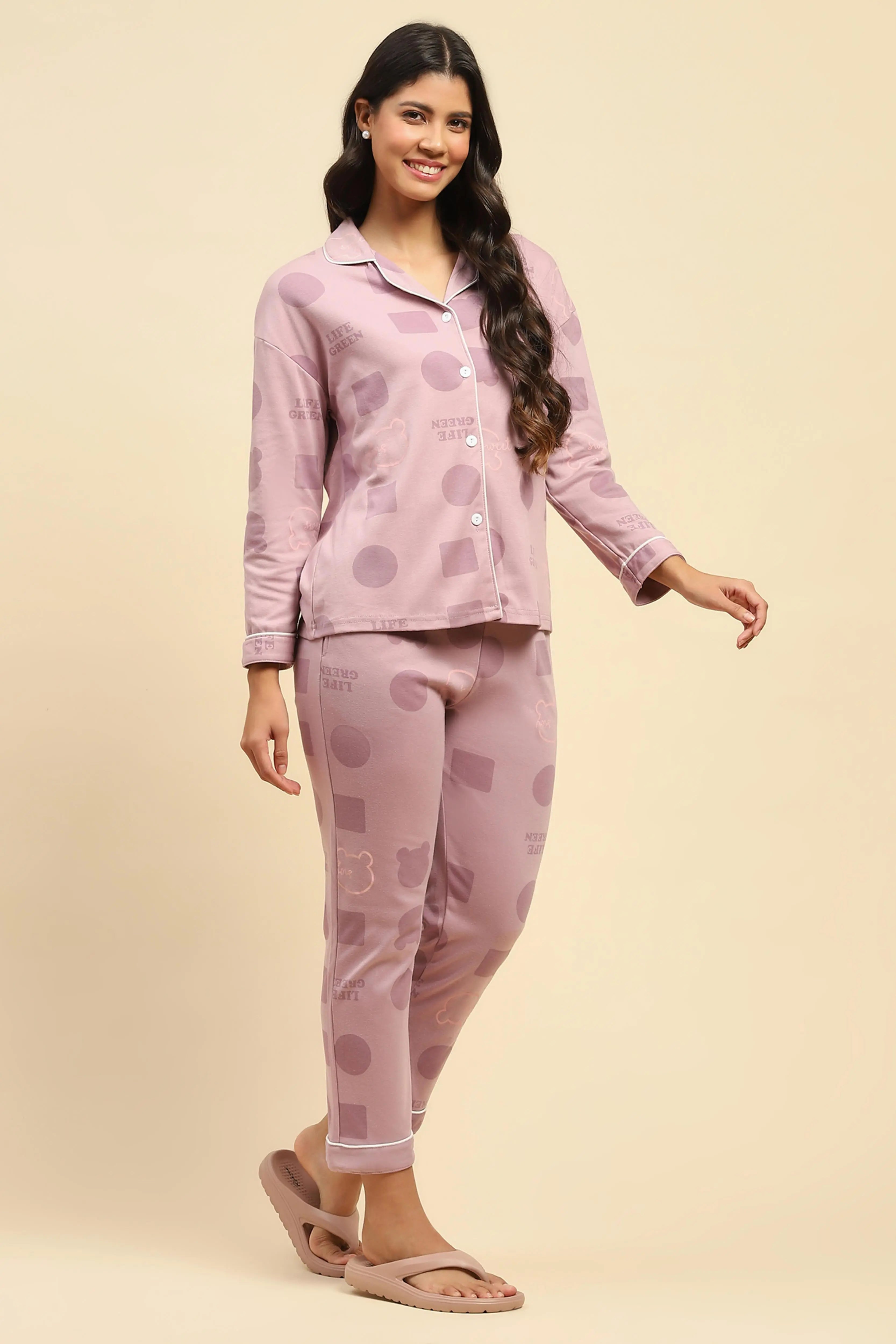 Purple Printed Cotton Blend Nightsuit - Global Republic