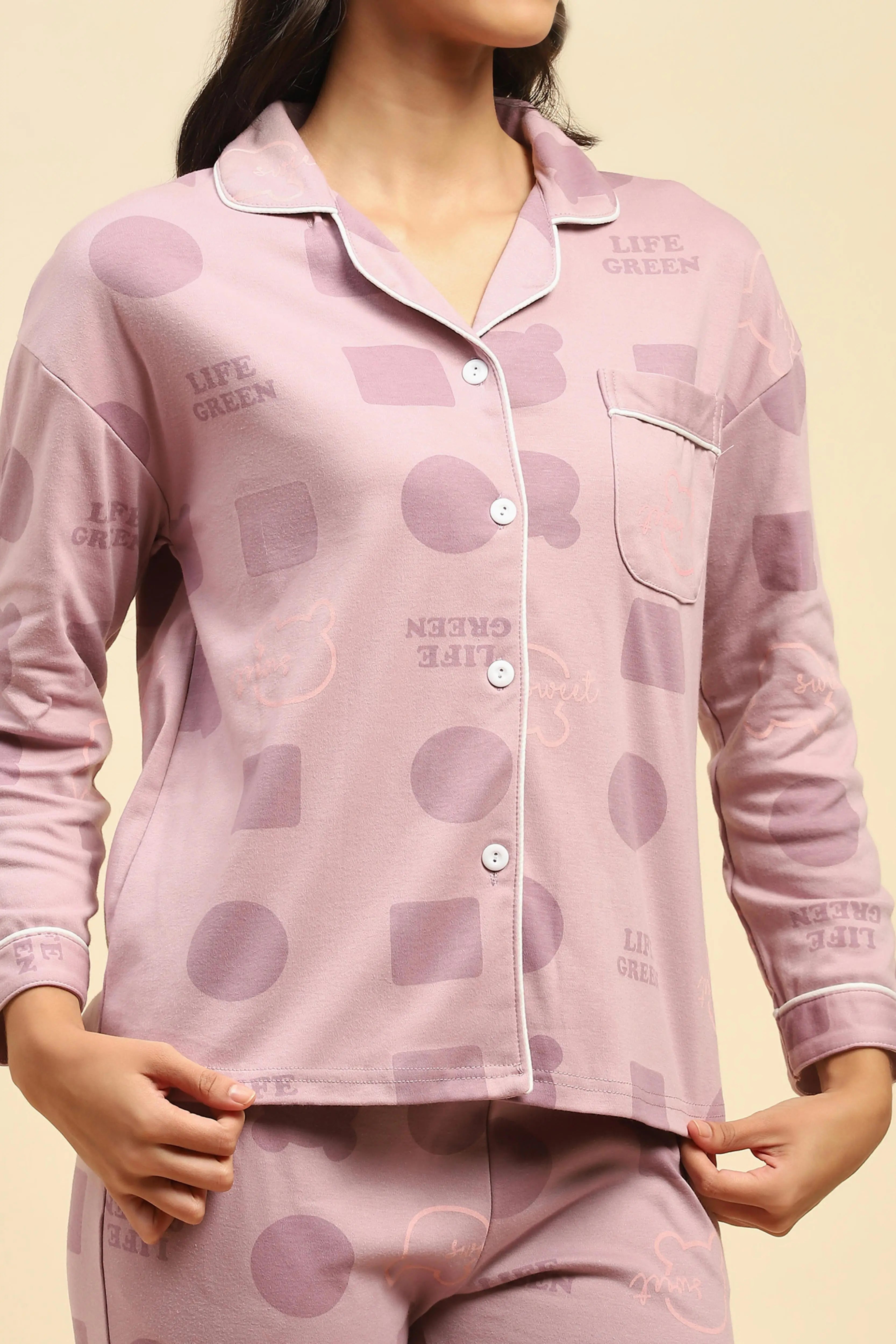 Purple Printed Cotton Blend Nightsuit - Global Republic