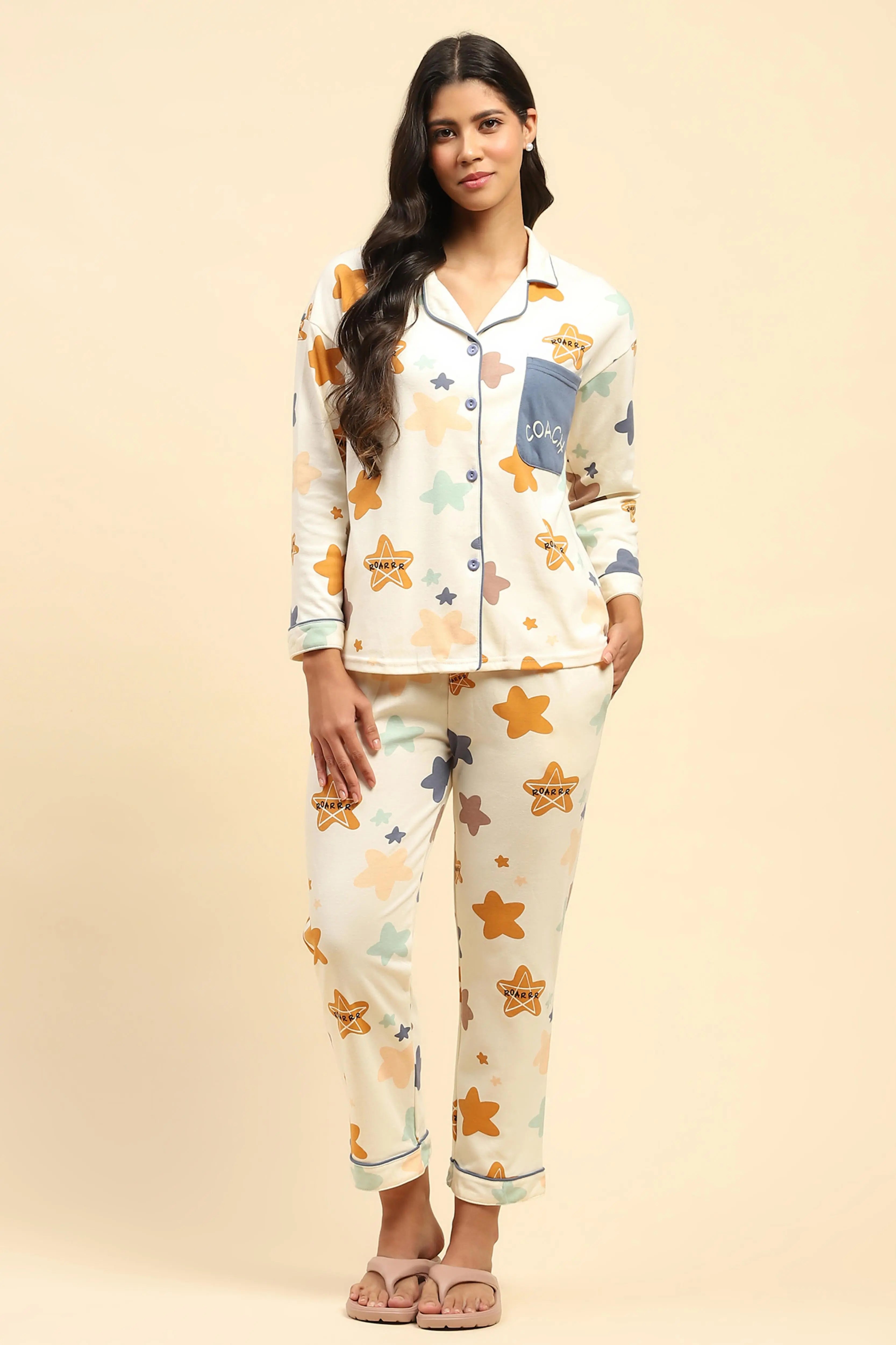 Cream Printed Cotton Blend Nightsuit - Global Republic