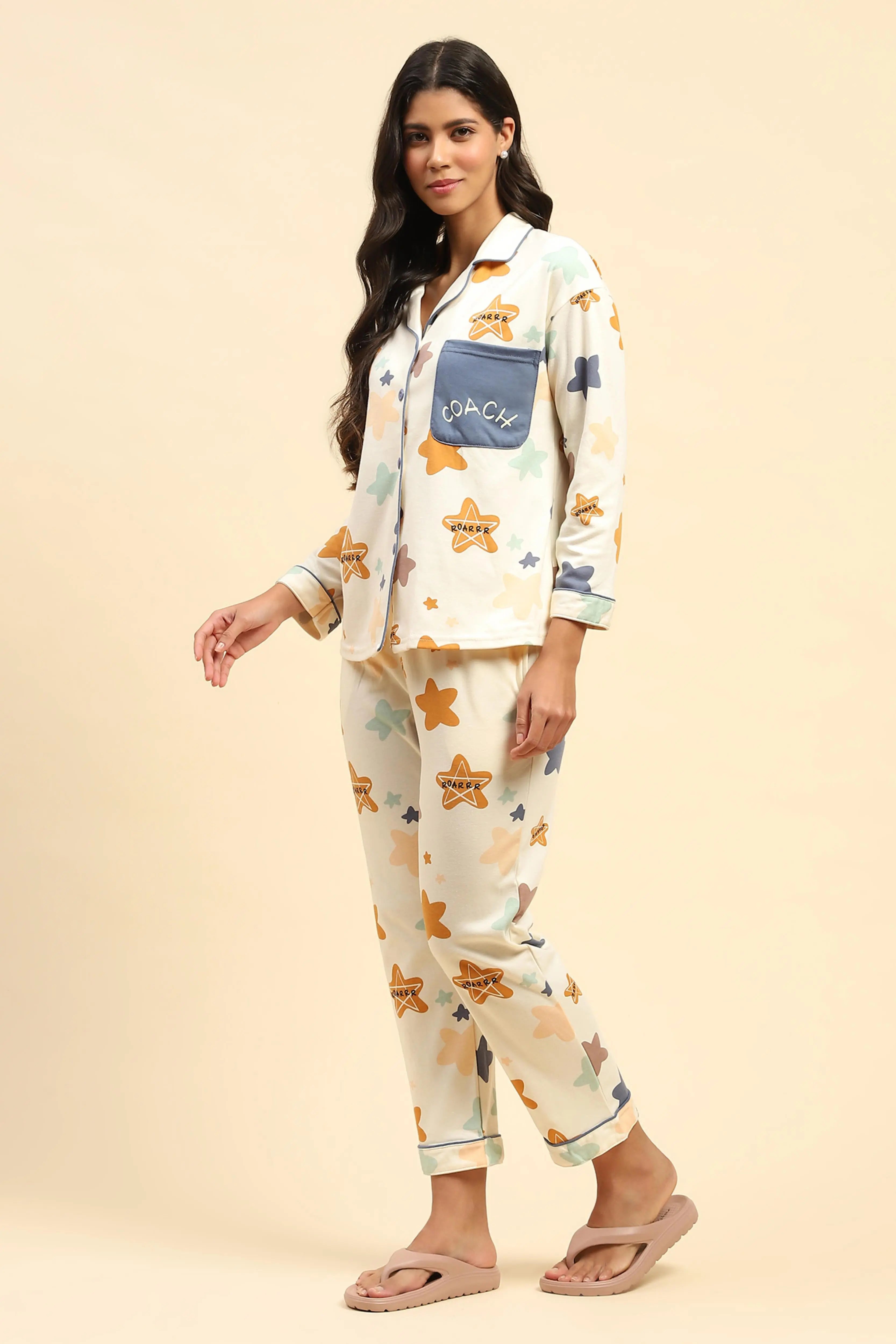 Cream Printed Cotton Blend Nightsuit - Global Republic