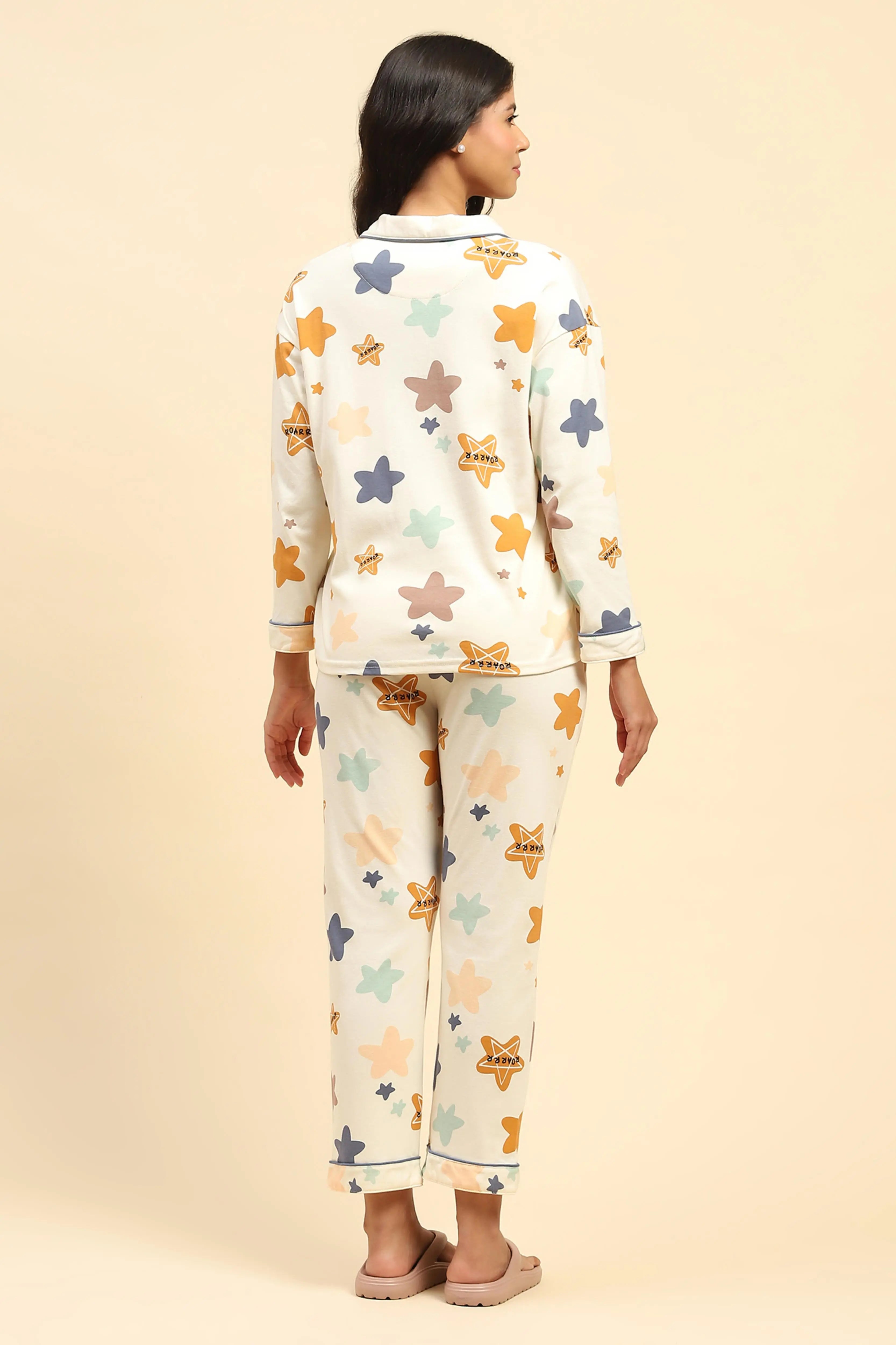 Cream Printed Cotton Blend Nightsuit - Global Republic