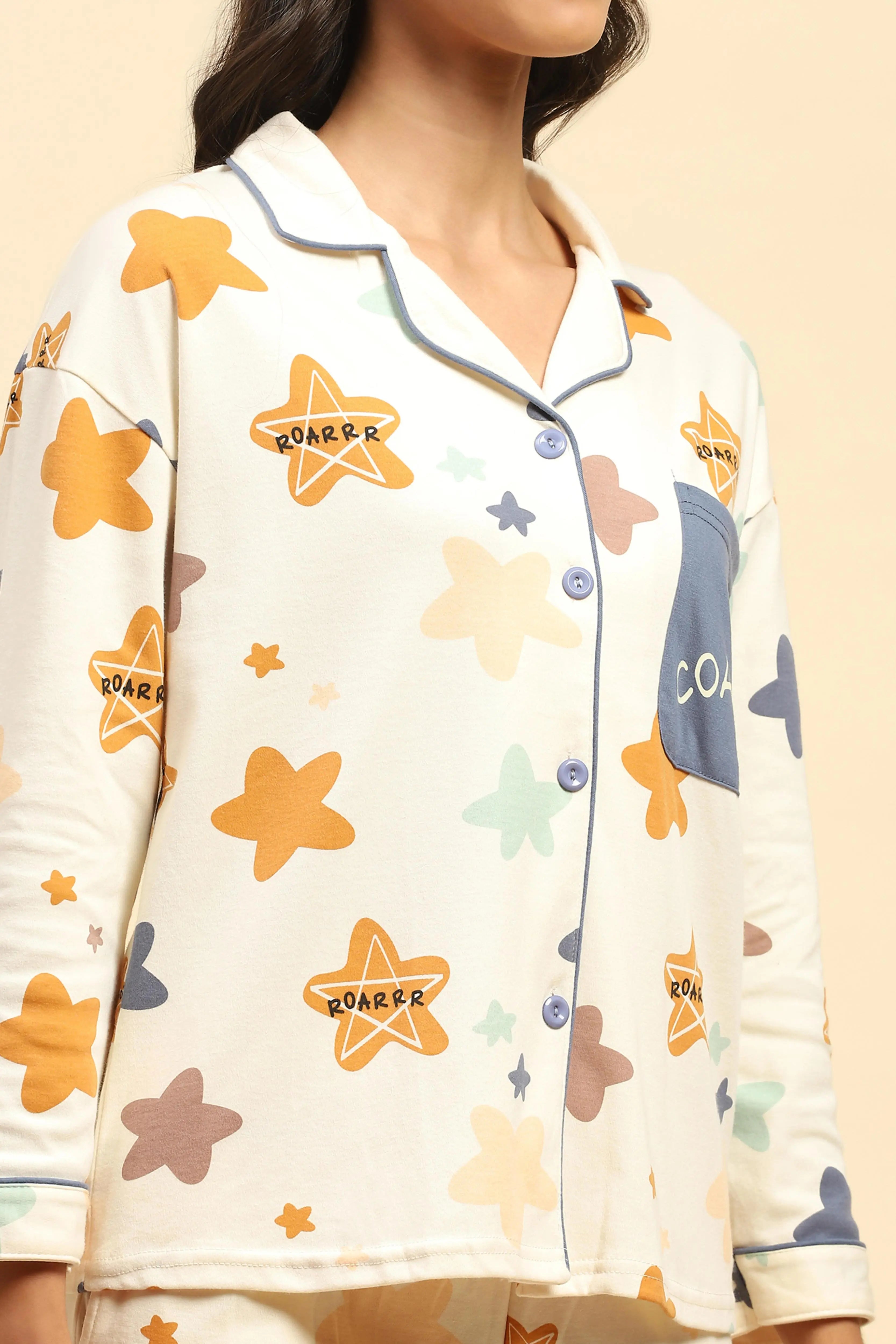 Cream Printed Cotton Blend Nightsuit - Global Republic