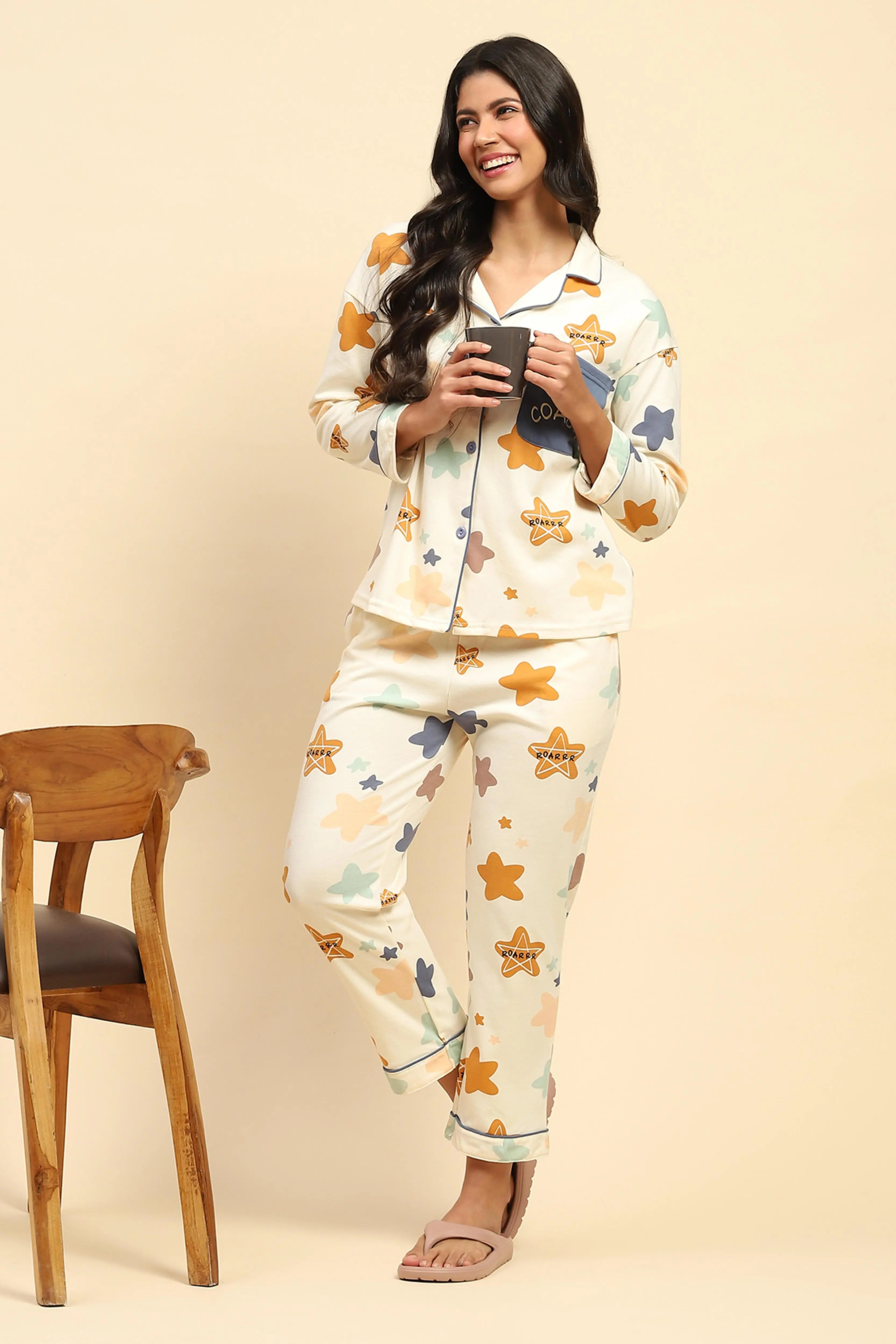 Cream Printed Cotton Blend Nightsuit - Global Republic