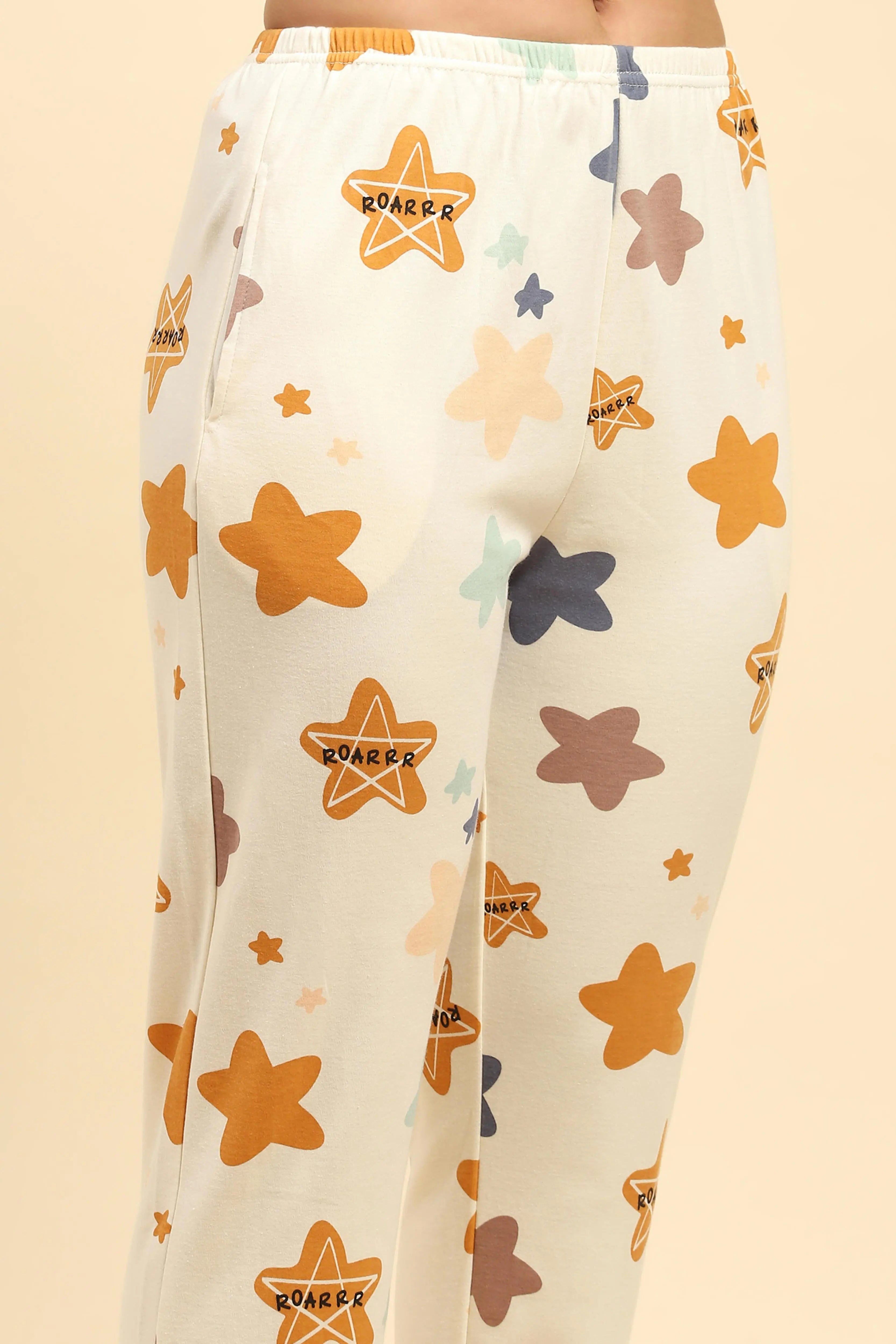 Cream Printed Cotton Blend Nightsuit - Global Republic
