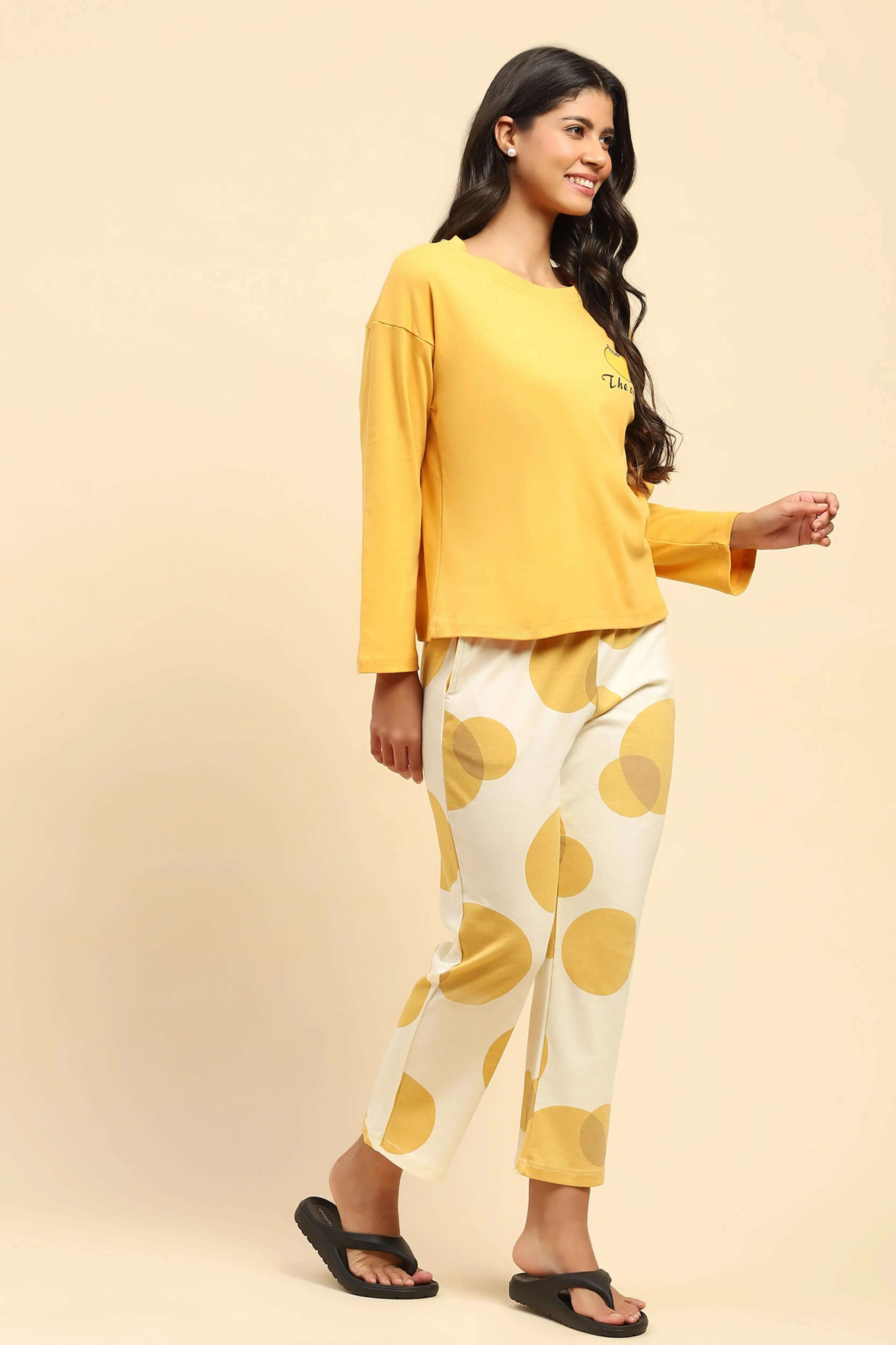 Yellow Printed Cotton Nightsuit - Global Republic