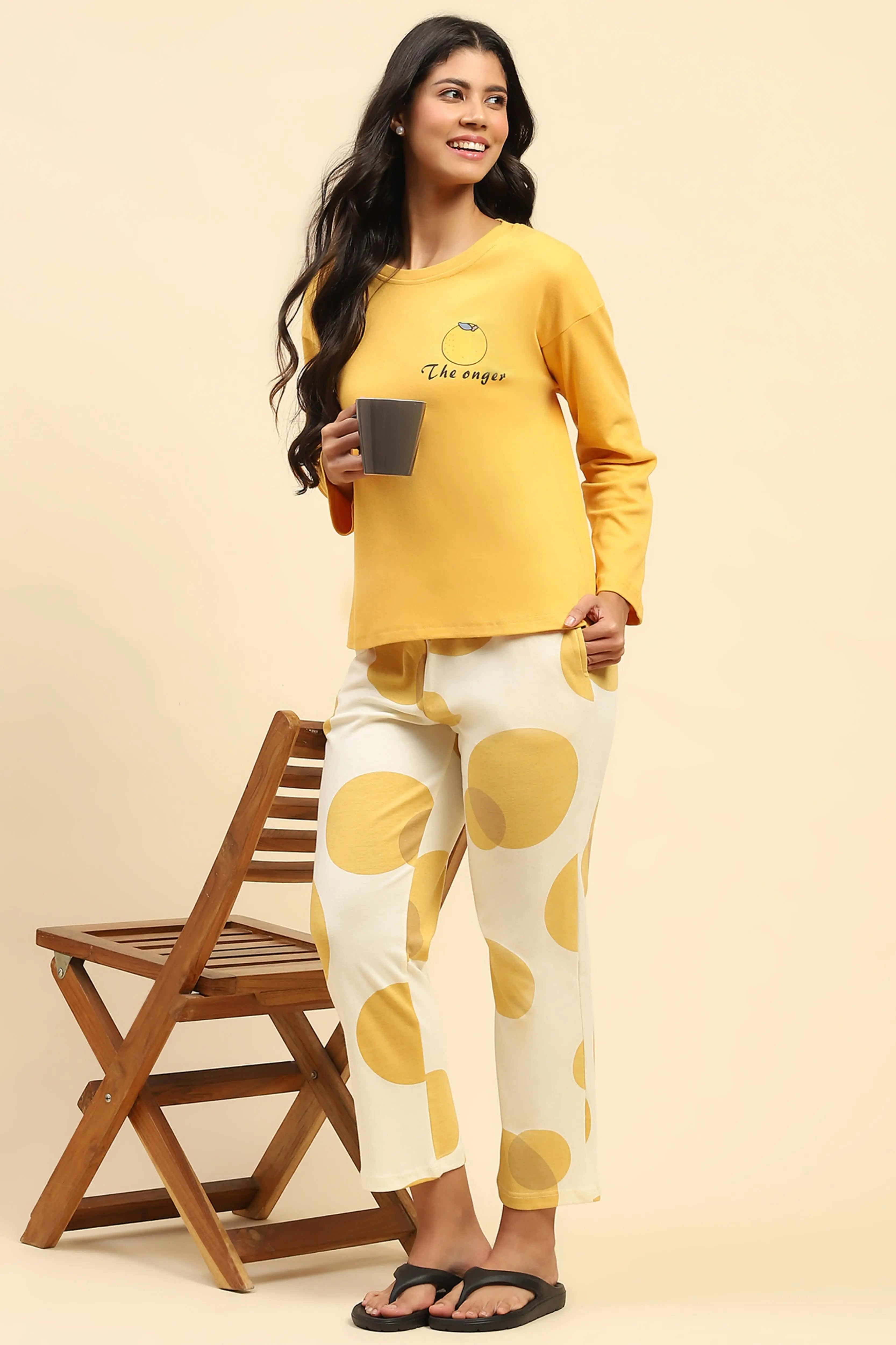 Yellow Printed Cotton Nightsuit - Global Republic