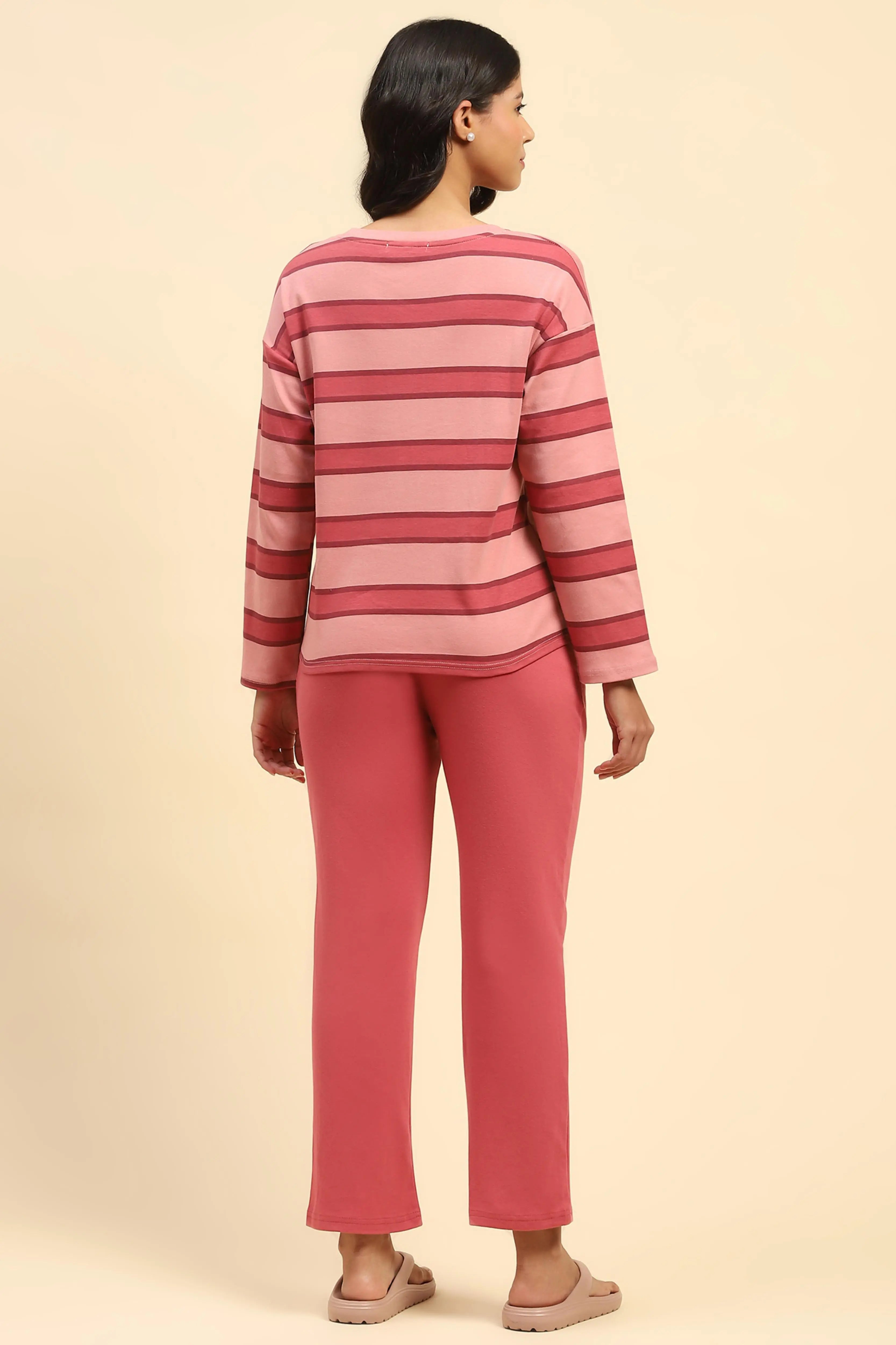 Dark Pink Striped Cotton Nightsuit - Global Republic