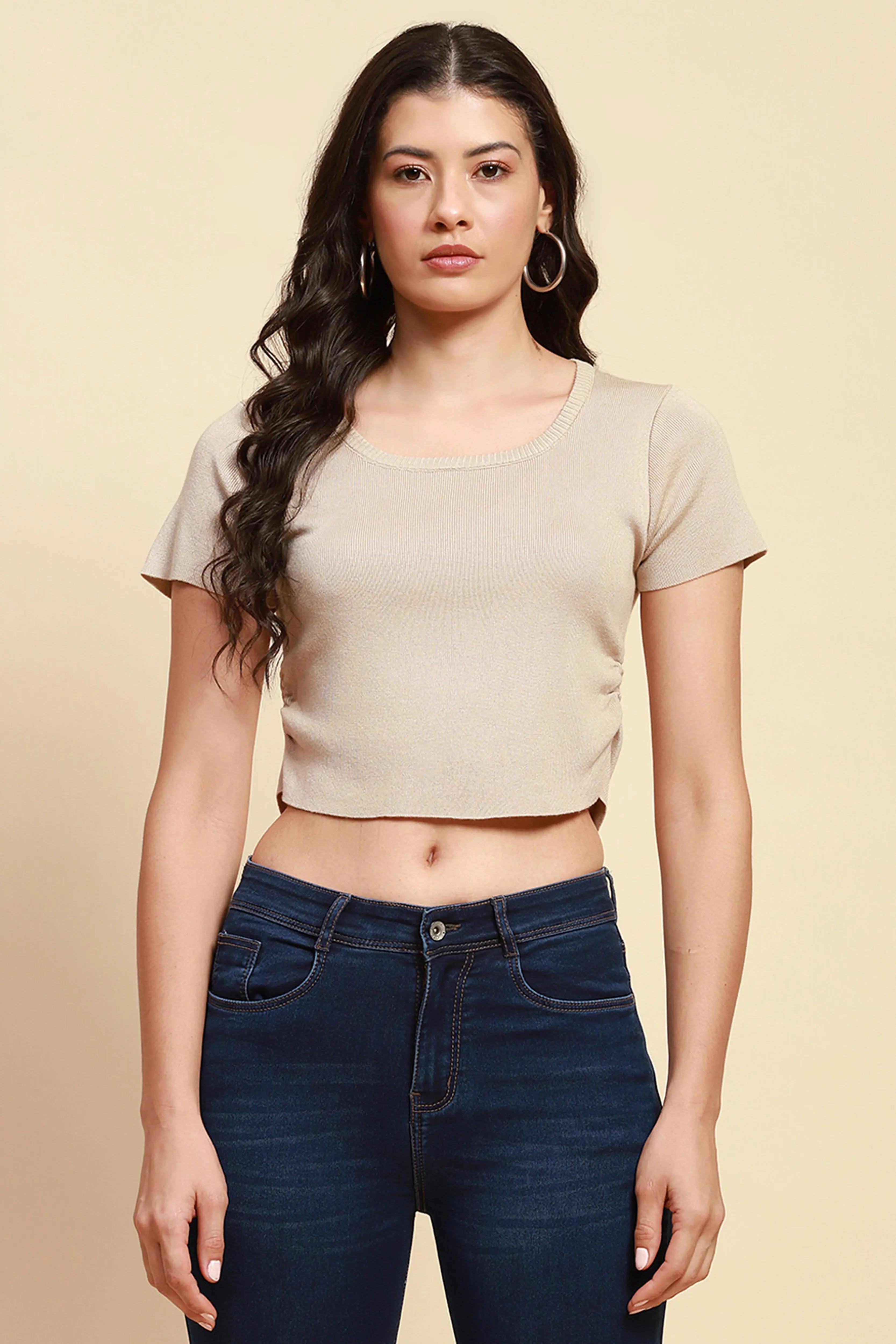 Beige Viscose Blend Crop Top - Global Republic