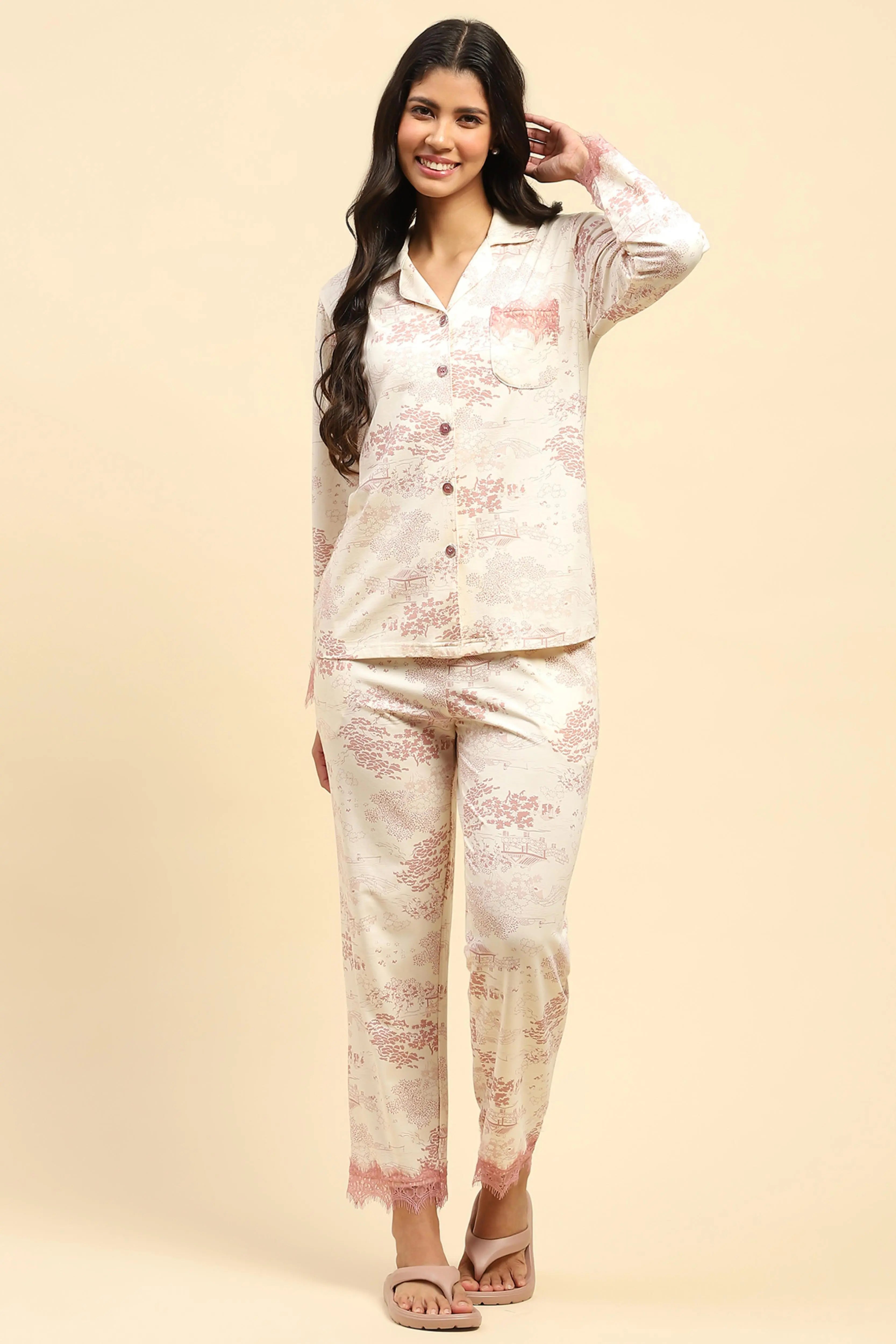 Blush Pink Floral Cotton Blend Relaxed Fit Night Suit - Global Republic