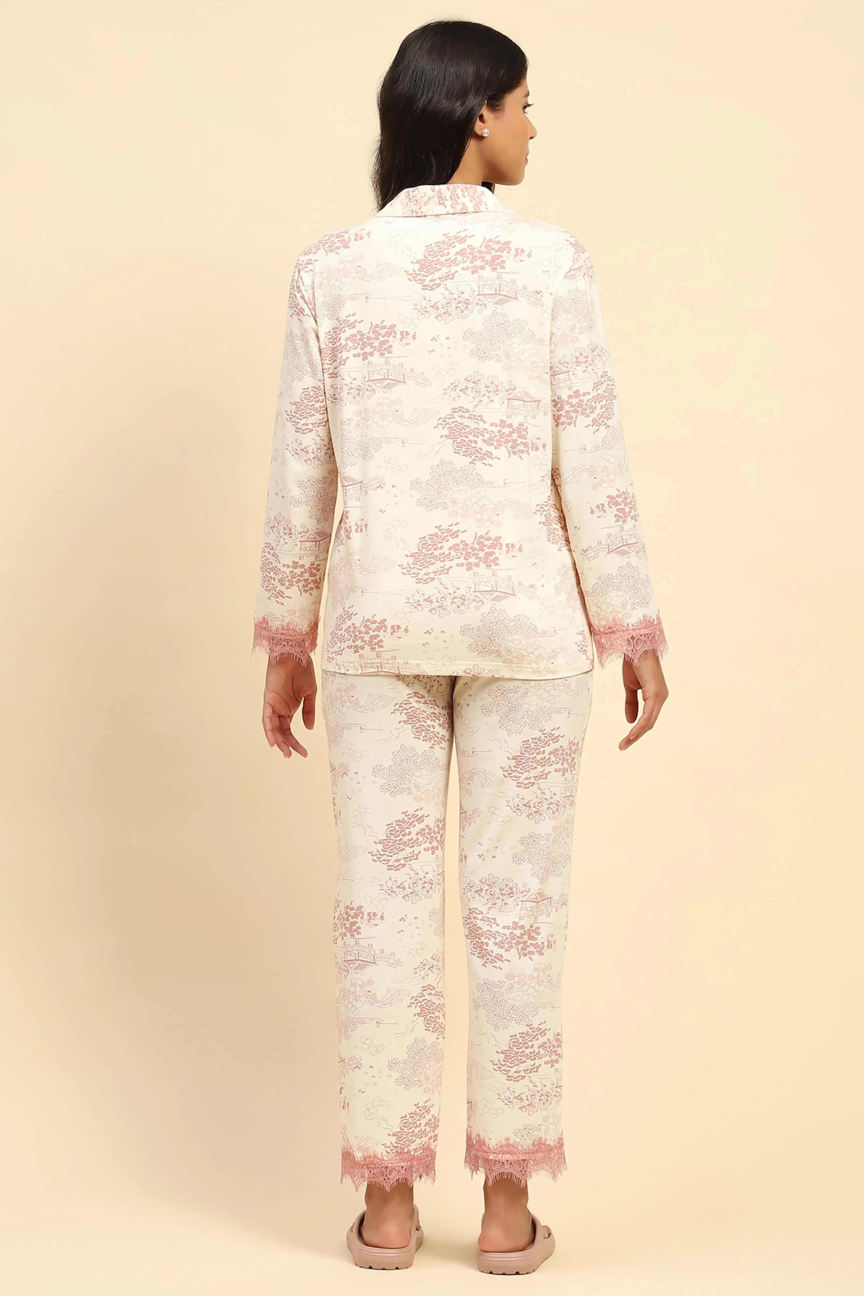 Blush Pink Floral Cotton Blend Relaxed Fit Night Suit - Global Republic