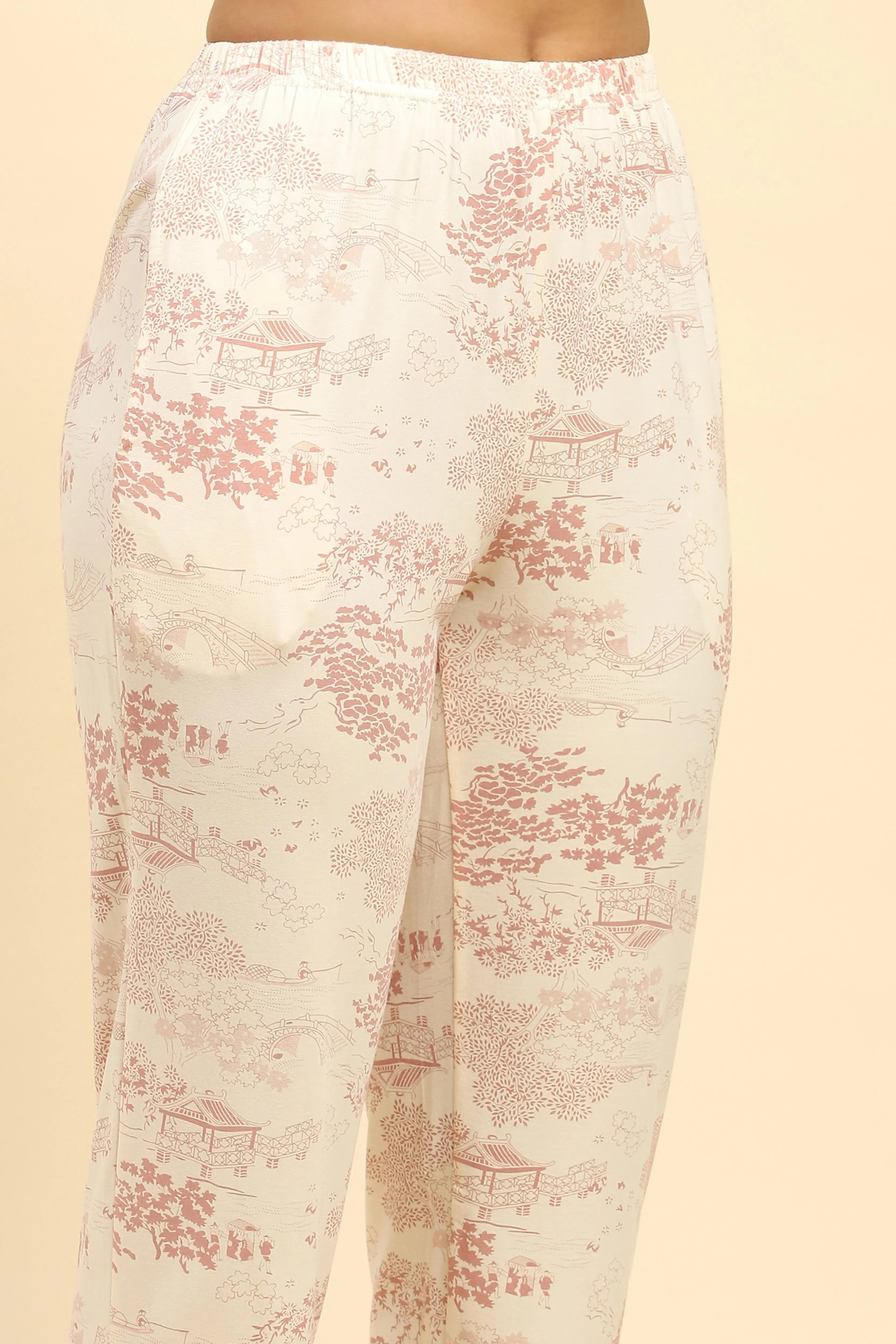 Blush Pink Floral Cotton Blend Relaxed Fit Night Suit - Global Republic