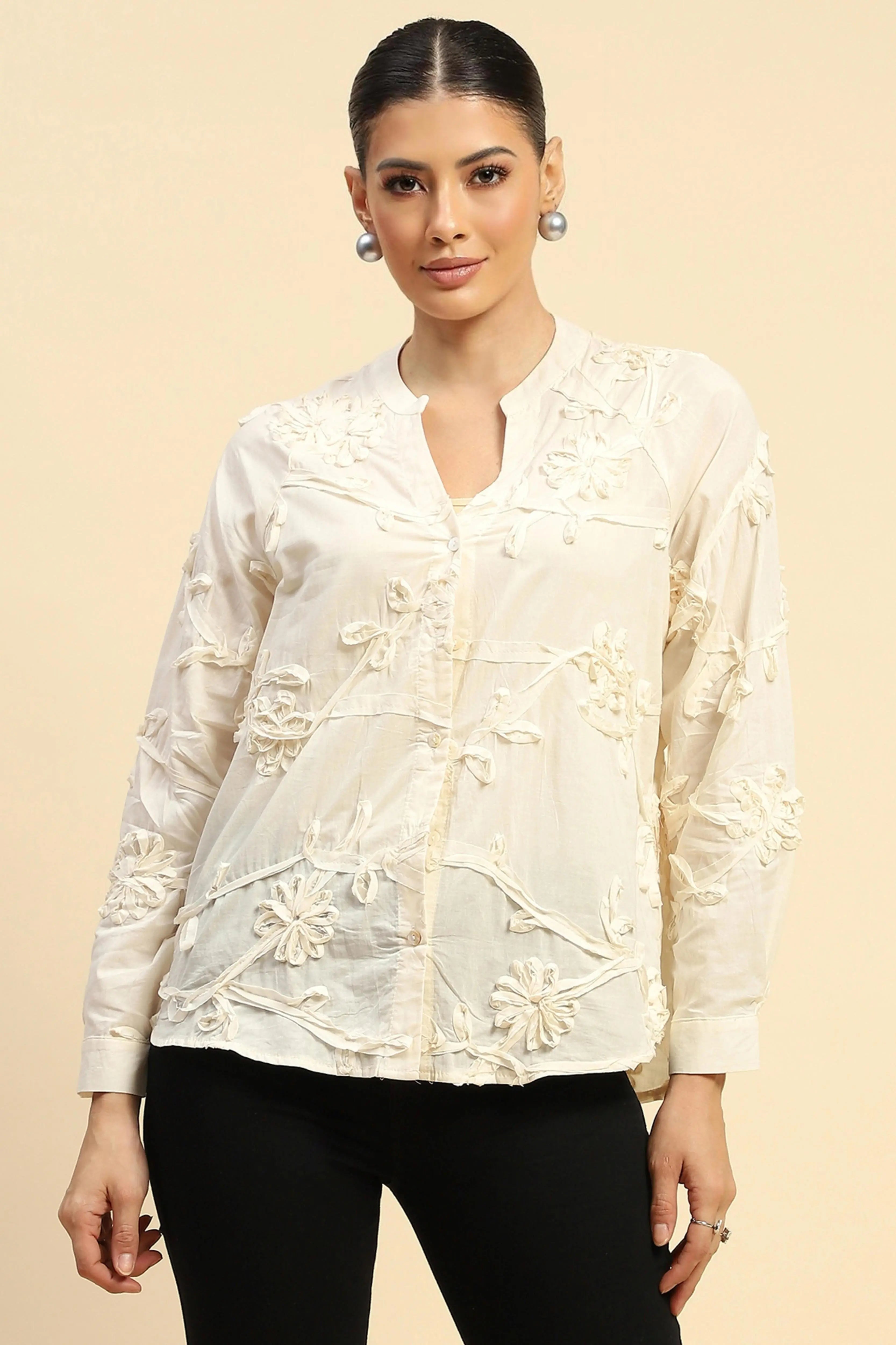 Cream Cotton Relaxed Fit Shirt - Global Republic