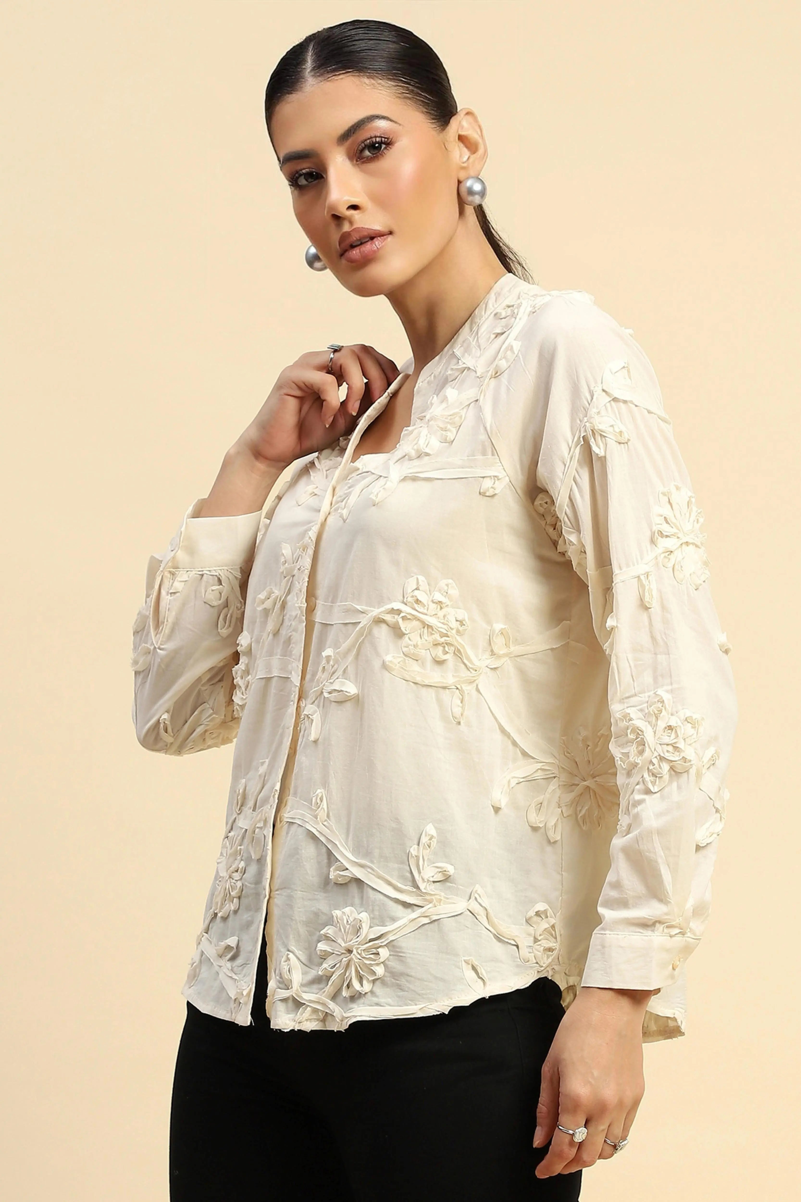 Cream Cotton Relaxed Fit Shirt - Global Republic