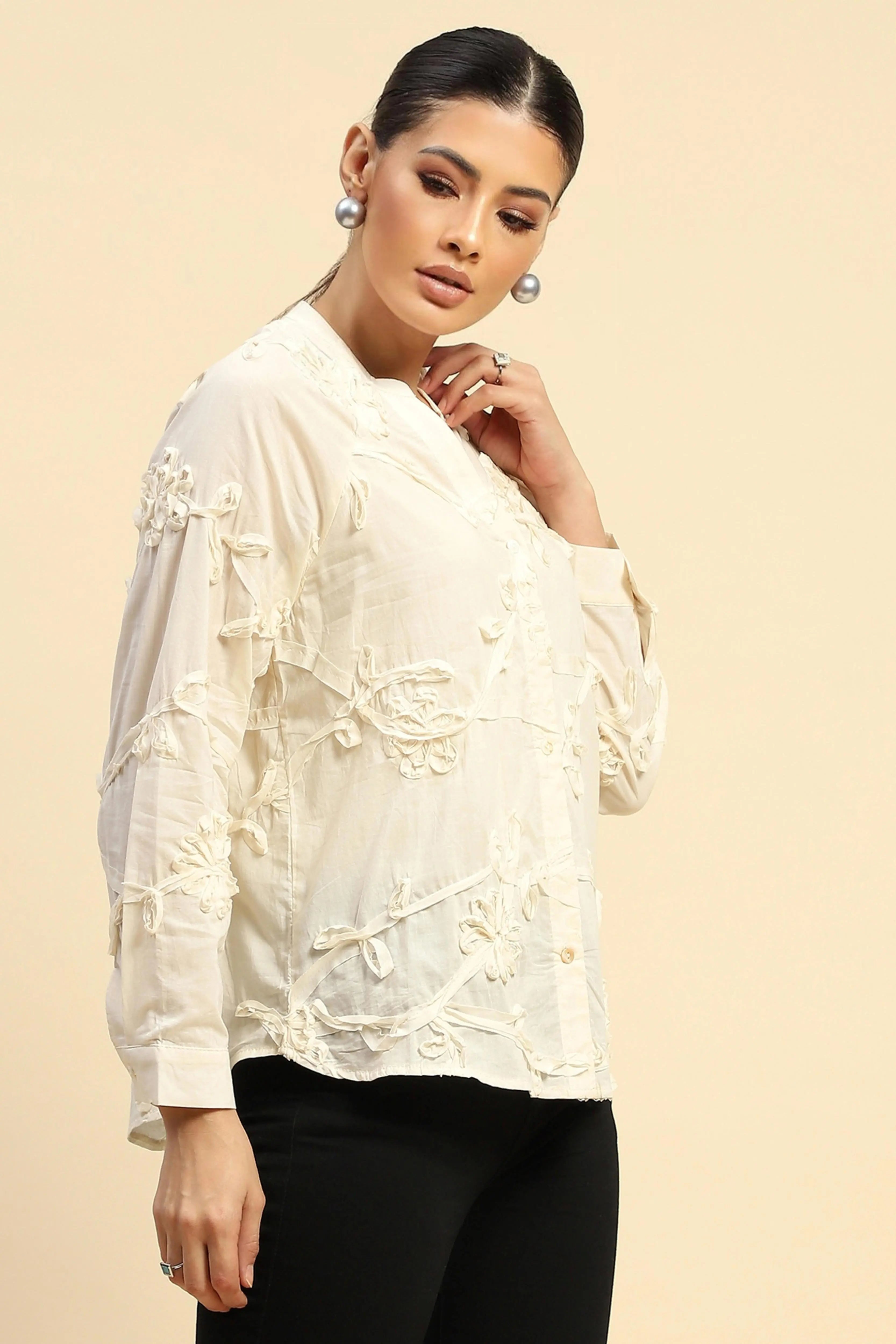 Cream Cotton Relaxed Fit Shirt - Global Republic