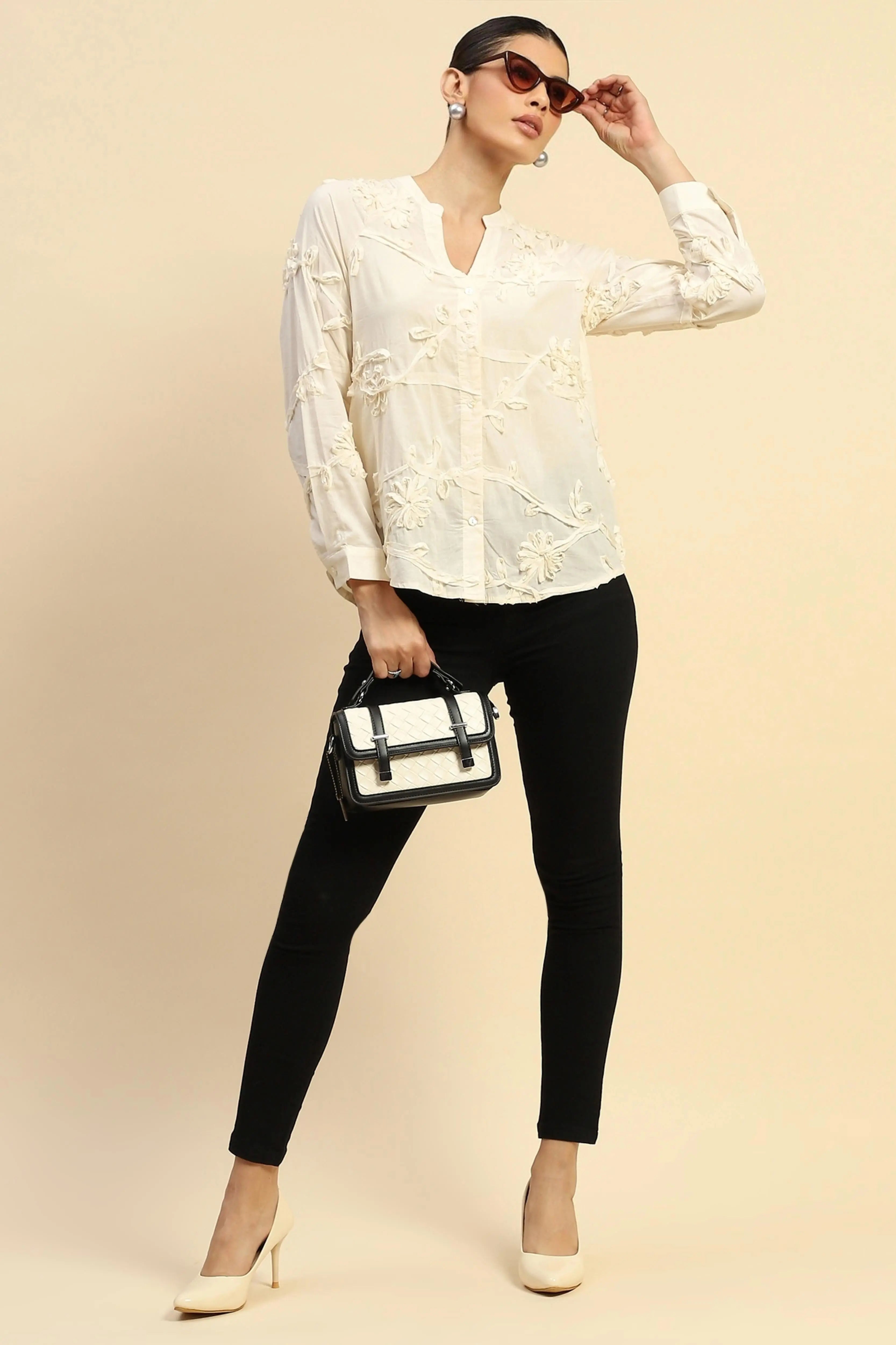 Cream Cotton Relaxed Fit Shirt - Global Republic