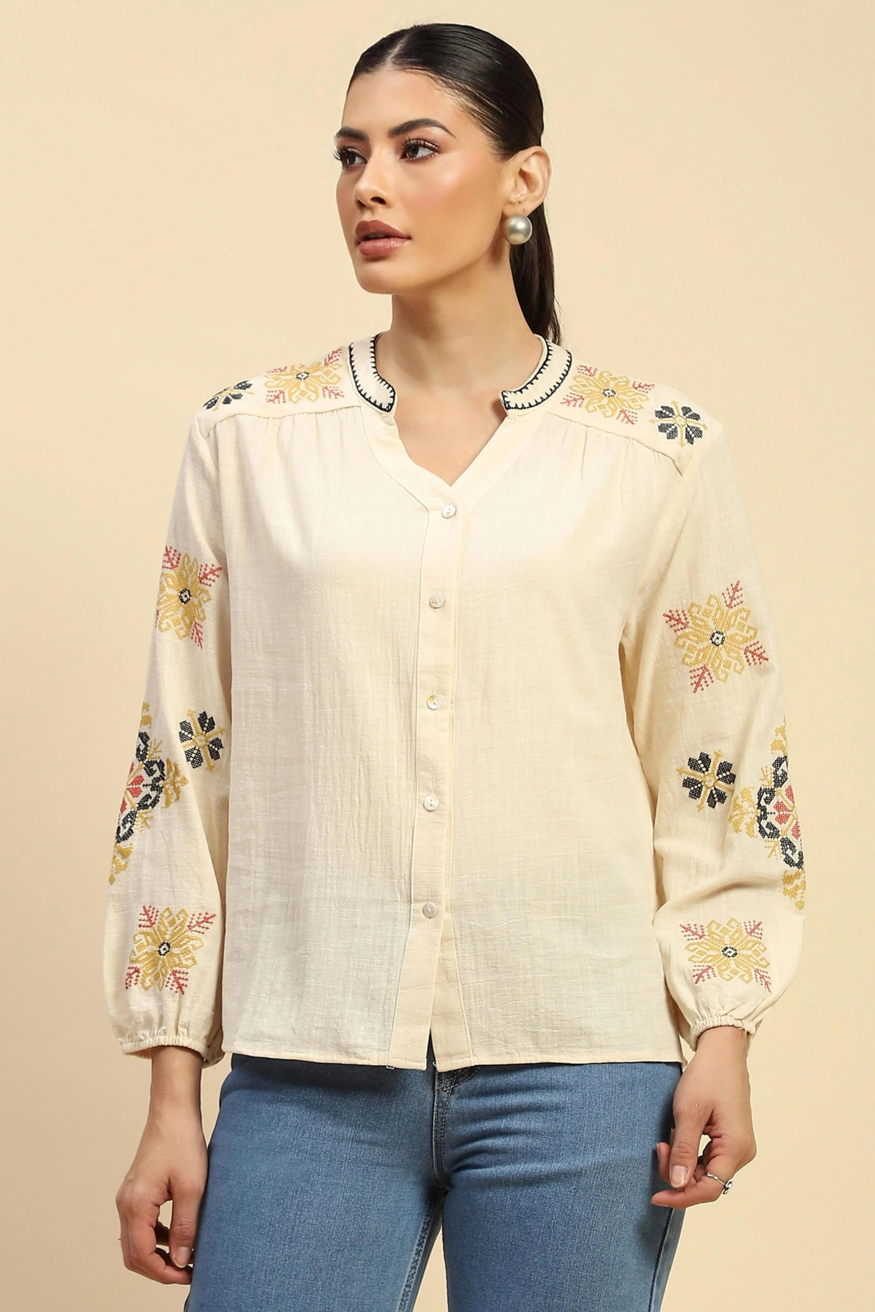 Cream Embroidered Cotton Loose Shirt - Global Republic