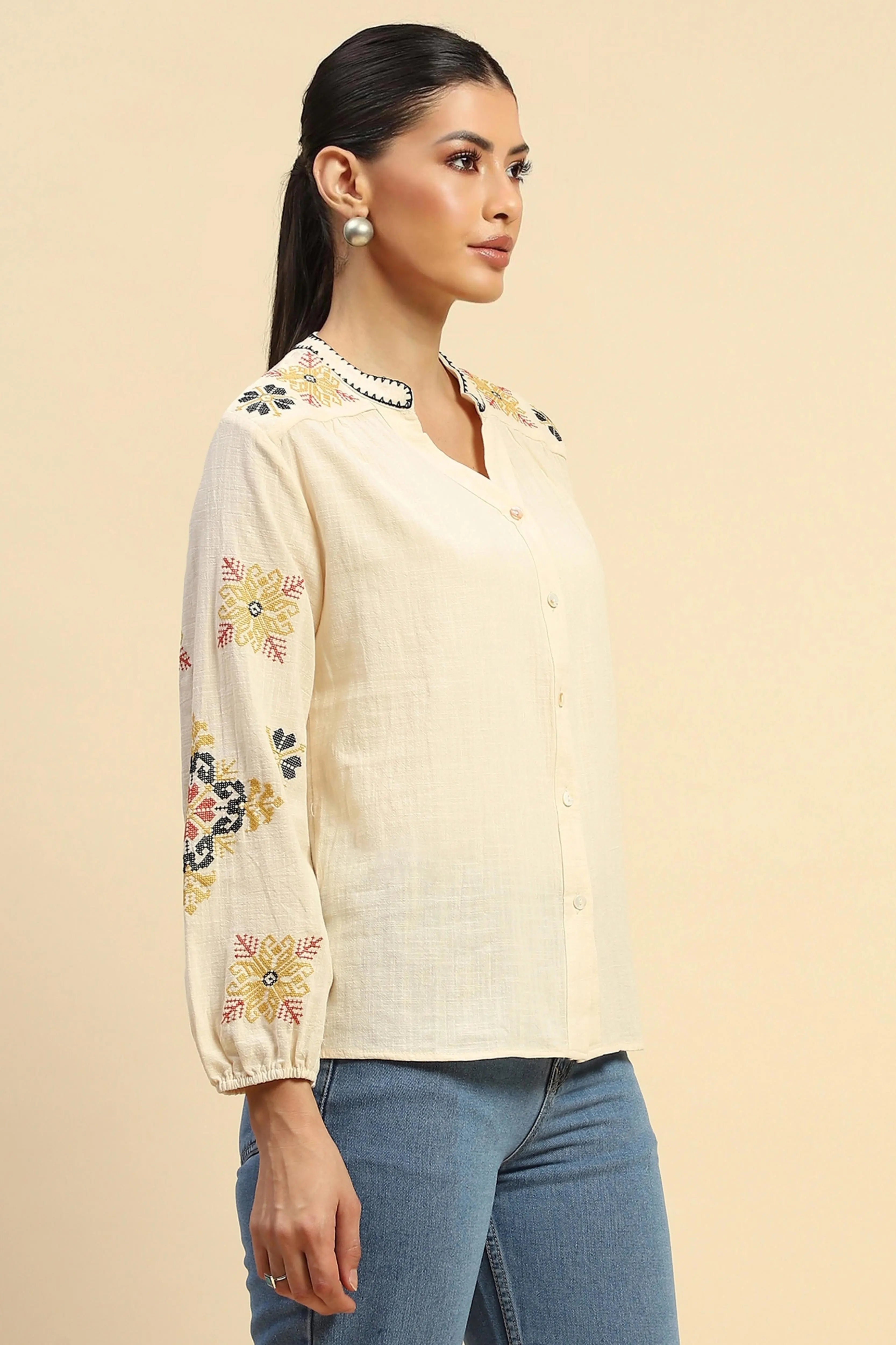 Cream Embroidered Cotton Loose Shirt - Global Republic
