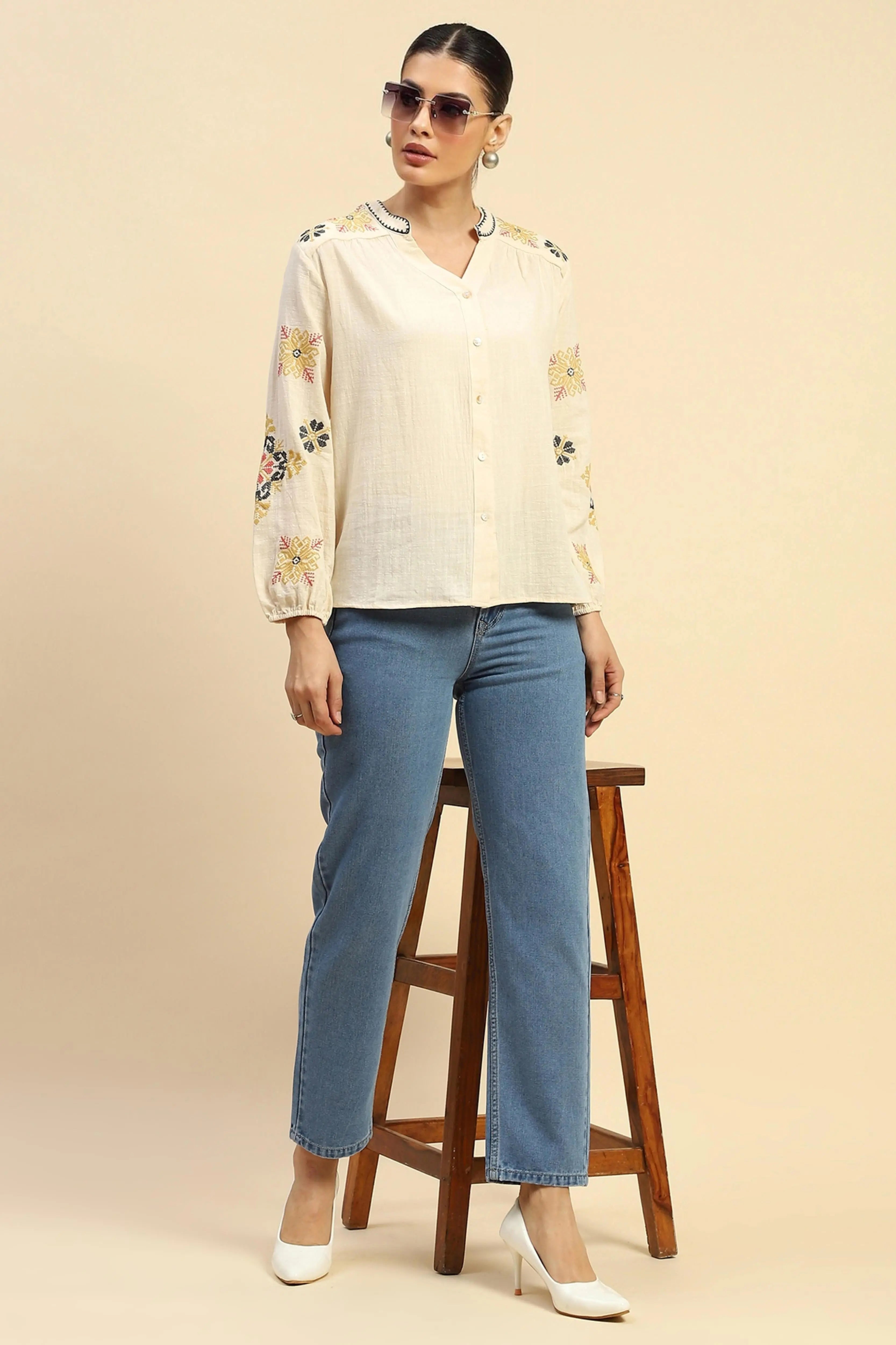Cream Embroidered Cotton Loose Shirt - Global Republic