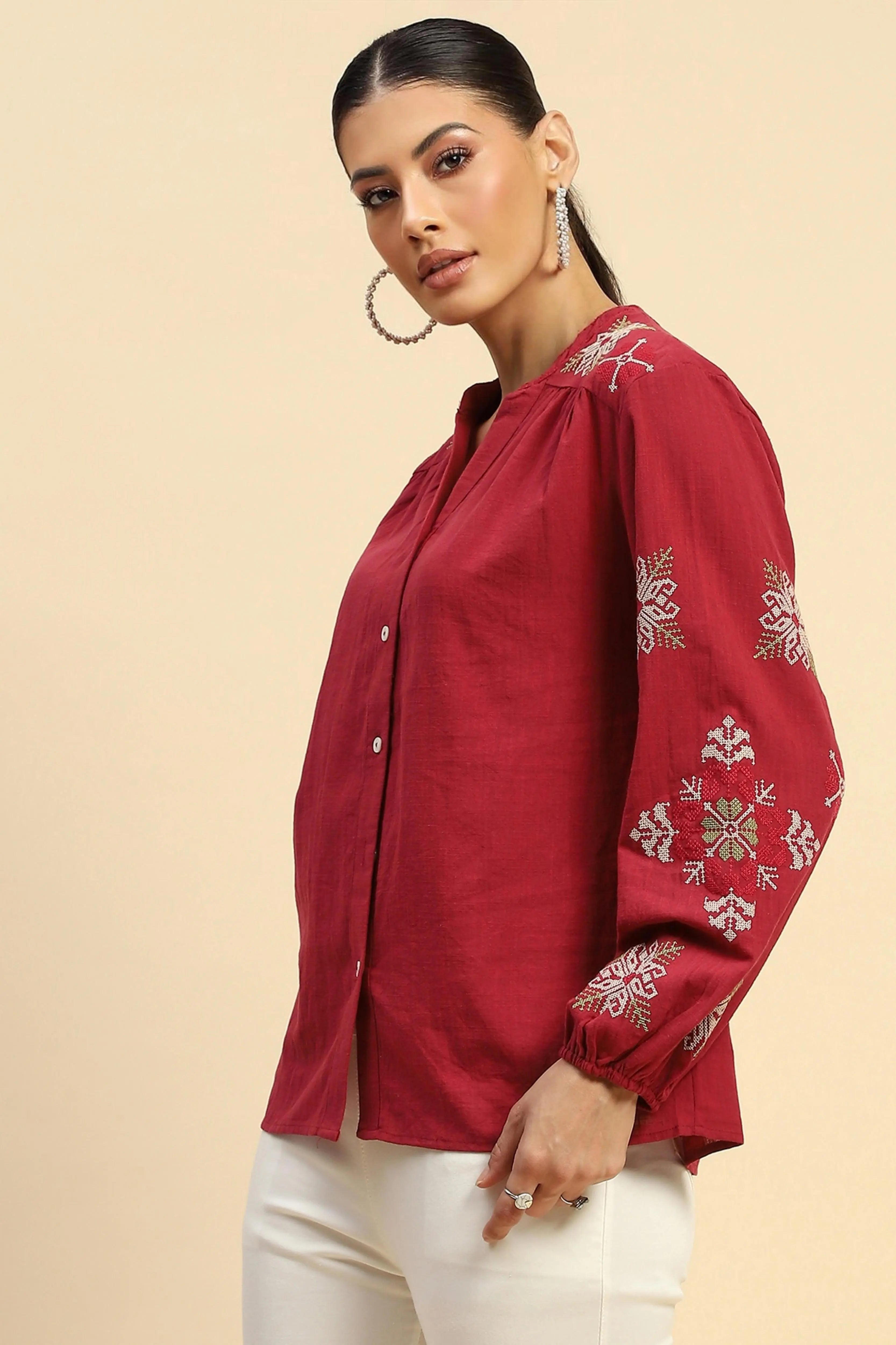 Wine Embroidered Cotton Loose Shirt - Global Republic