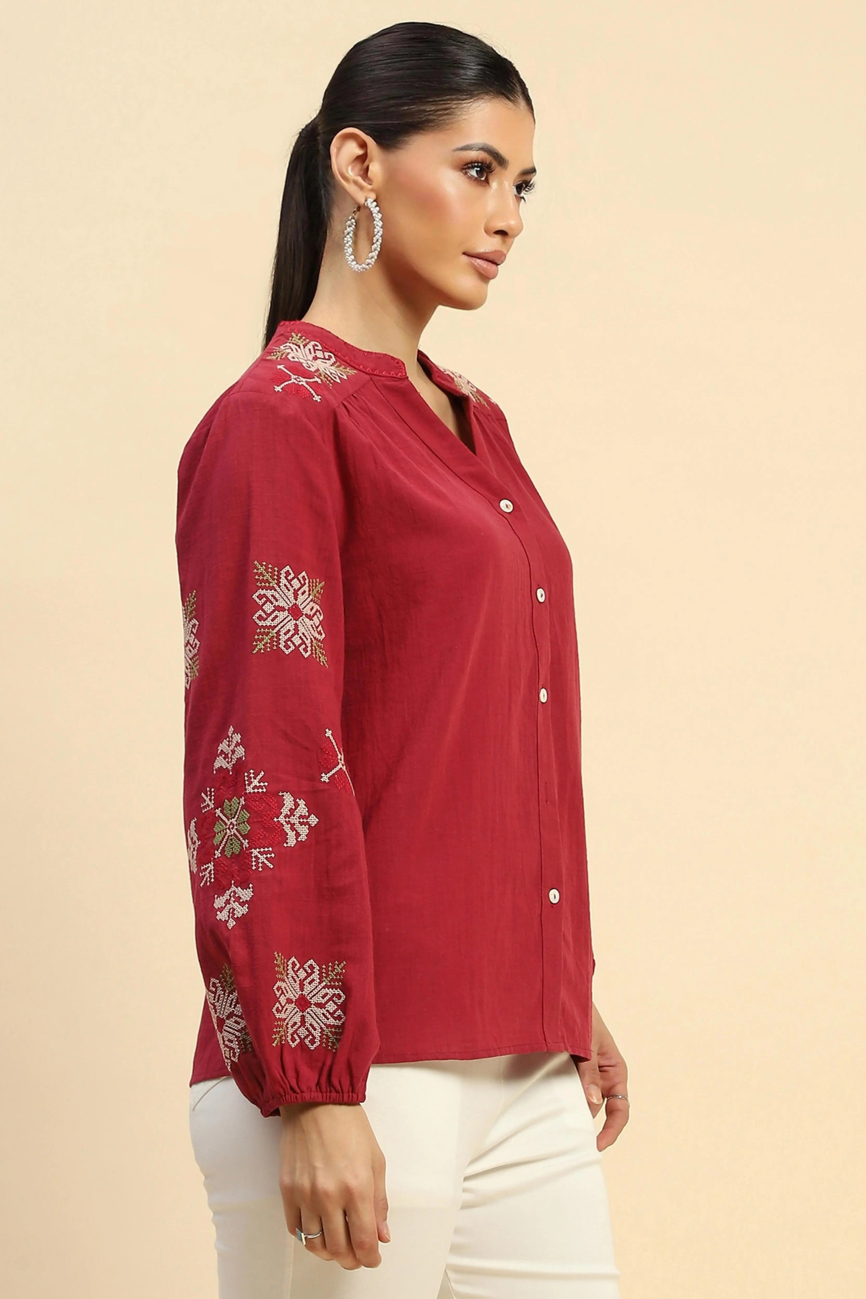Wine Embroidered Cotton Loose Shirt - Global Republic
