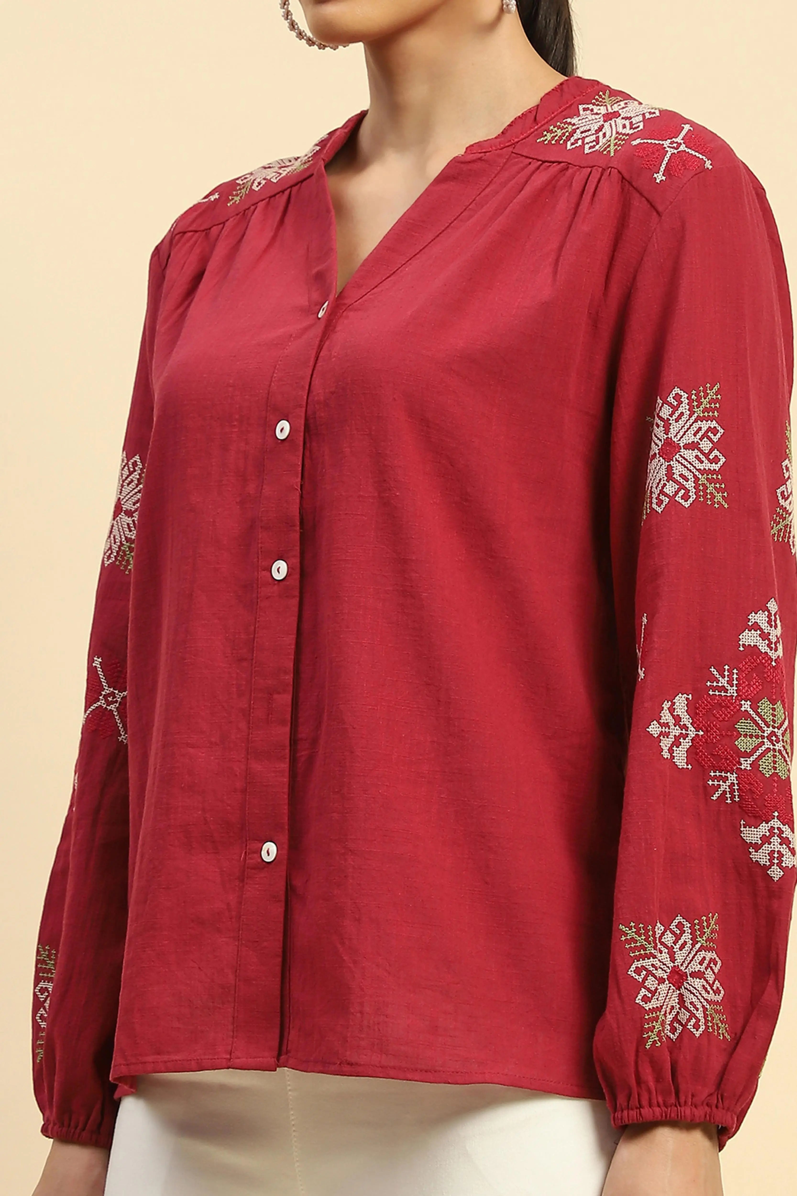 Wine Embroidered Cotton Loose Shirt - Global Republic