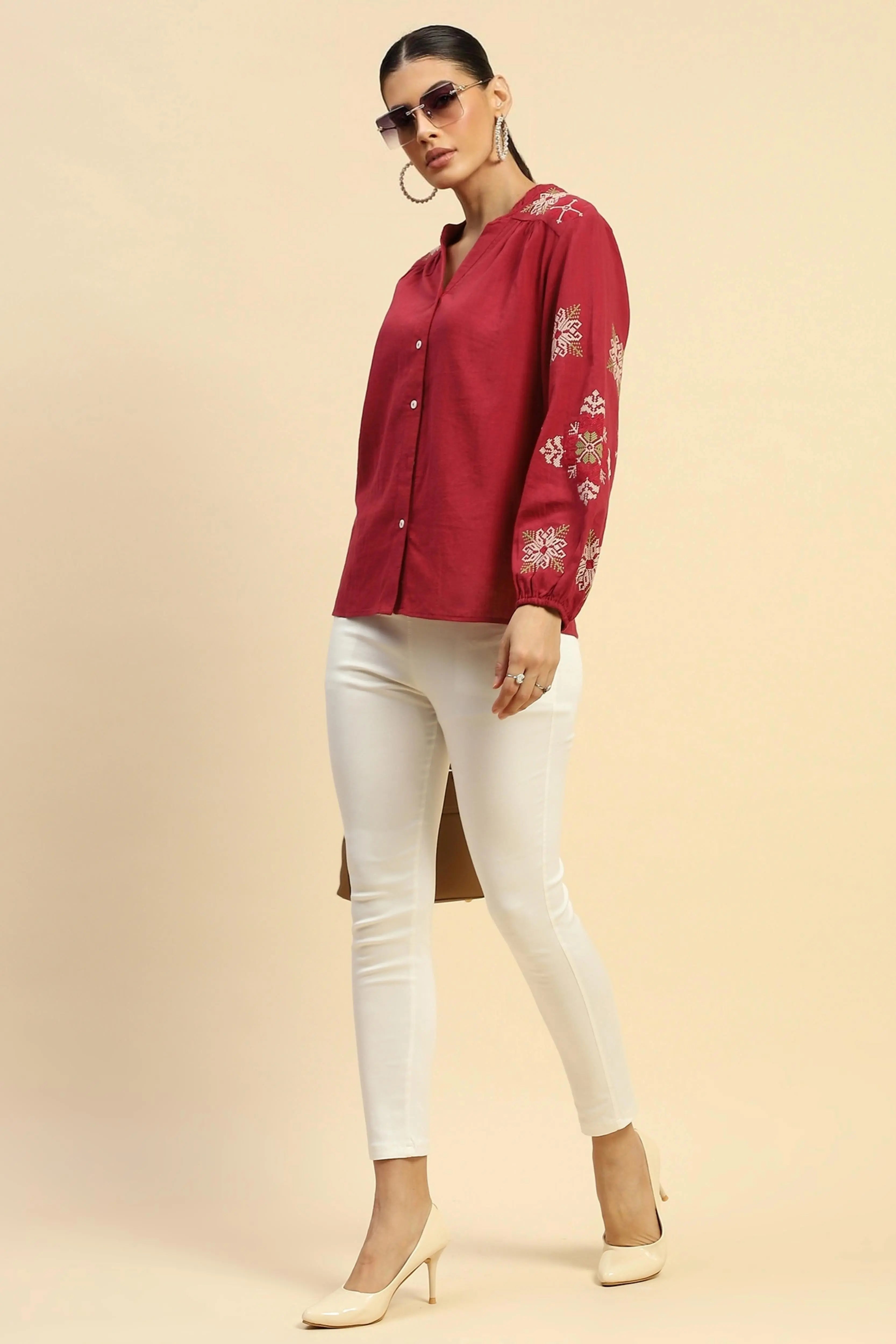 Wine Embroidered Cotton Loose Shirt - Global Republic
