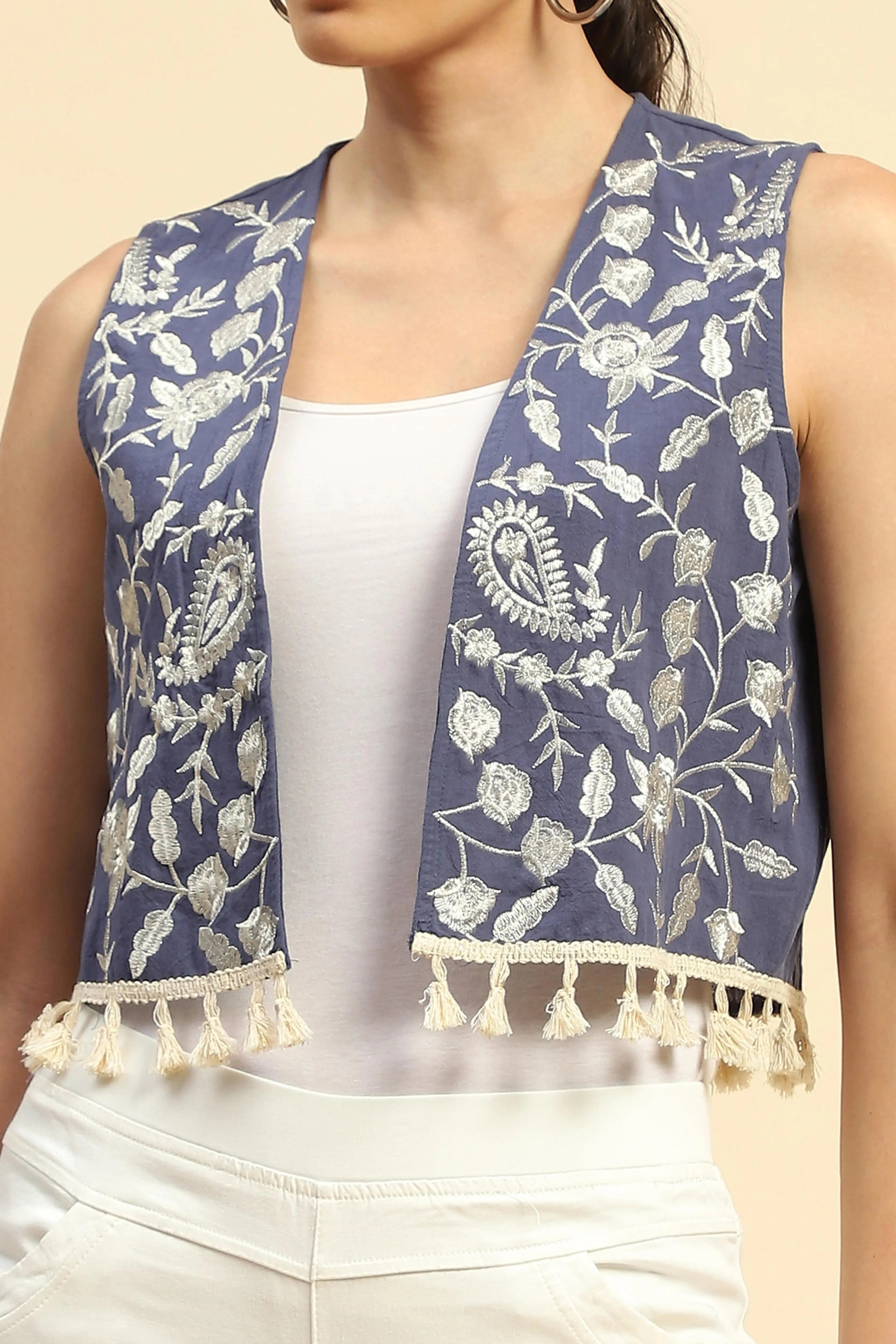 Blue Cotton Embroidered Waist Coat - Global Republic