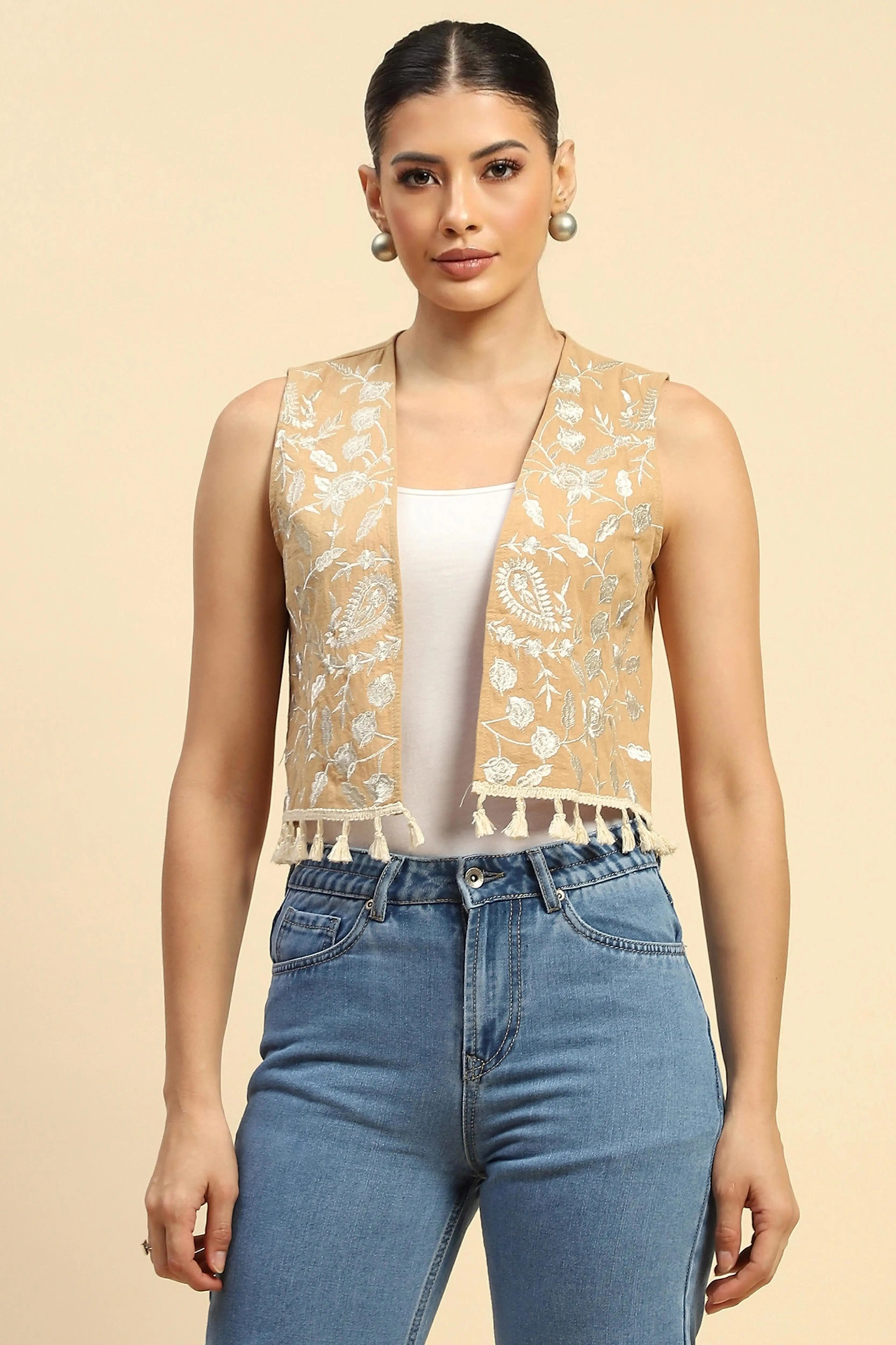 Beige Cotton Embroidered Waist Coat - Global Republic