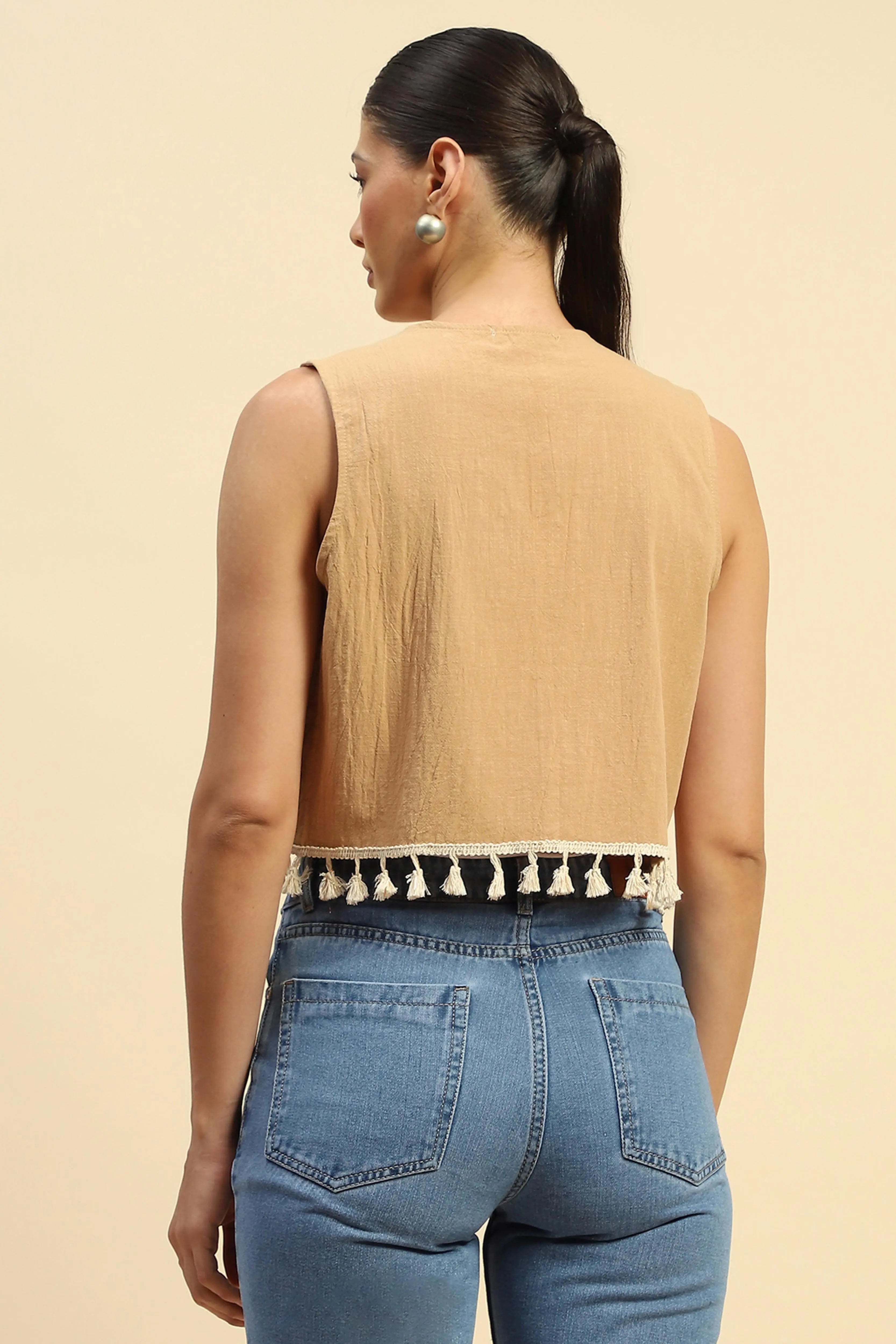Beige Cotton Embroidered Waist Coat - Global Republic