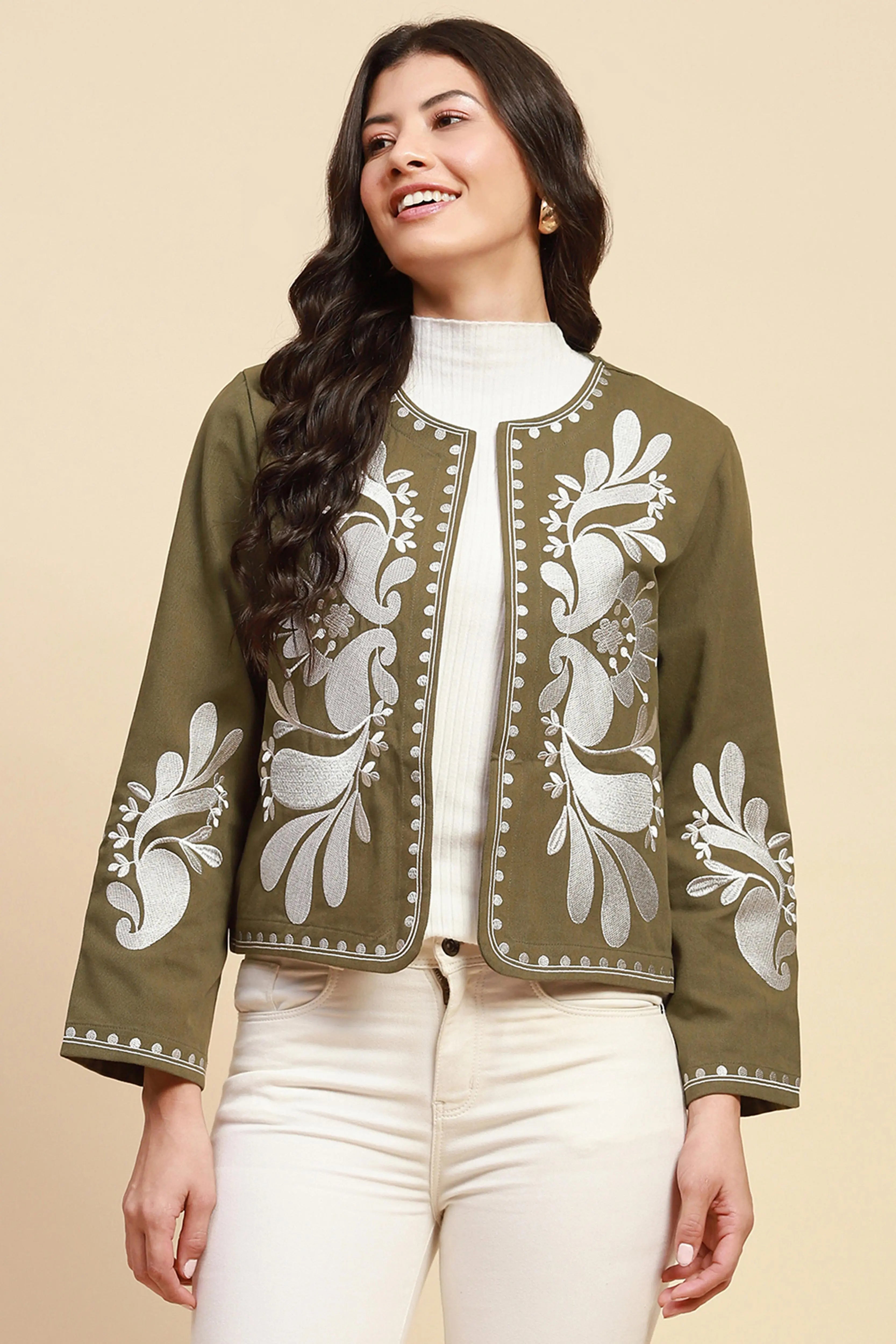 Sage Green Cotton Loose Fit Shrug For Women - Global Republic