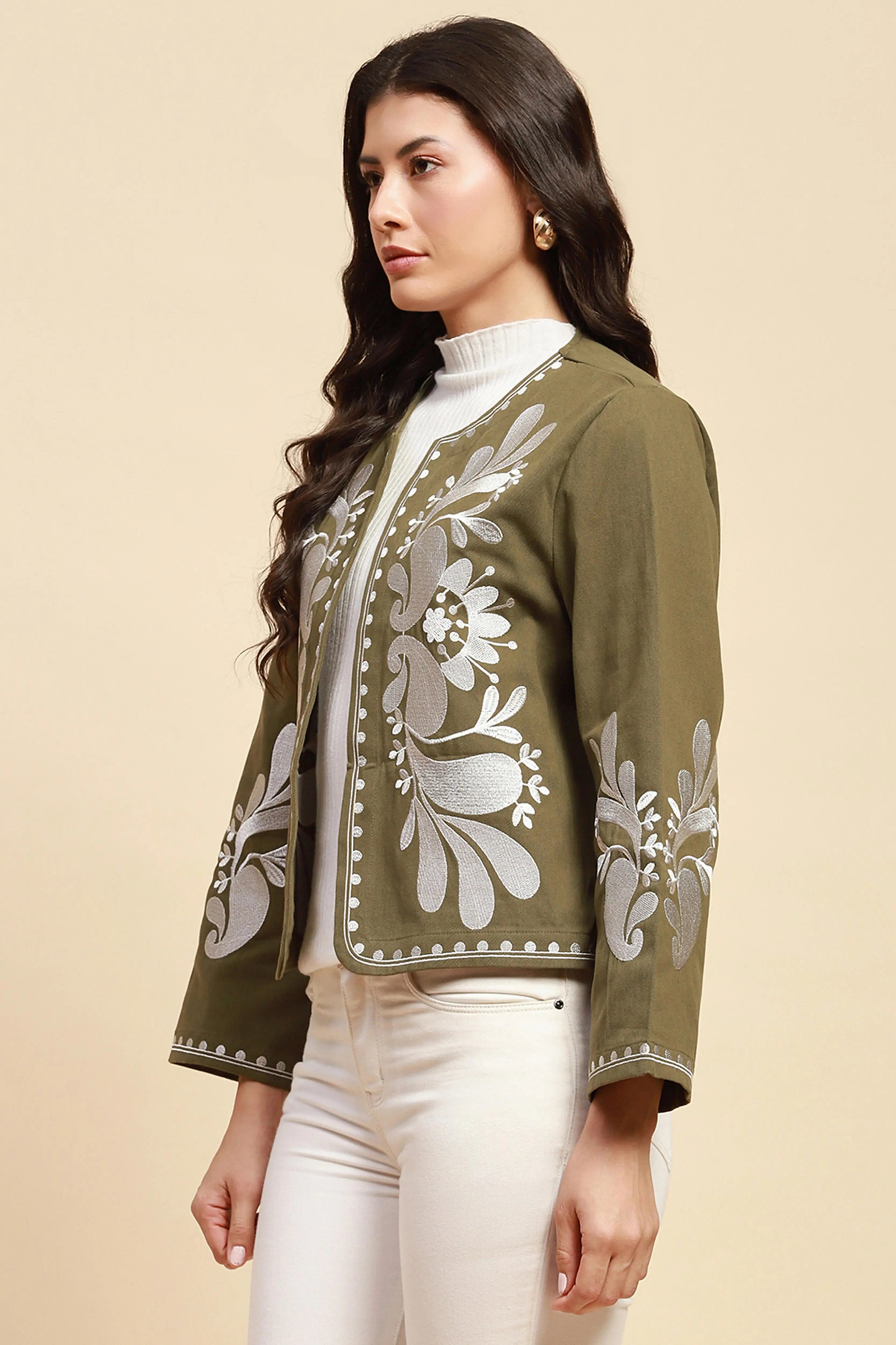 Sage Green Cotton Loose Fit Shrug For Women - Global Republic