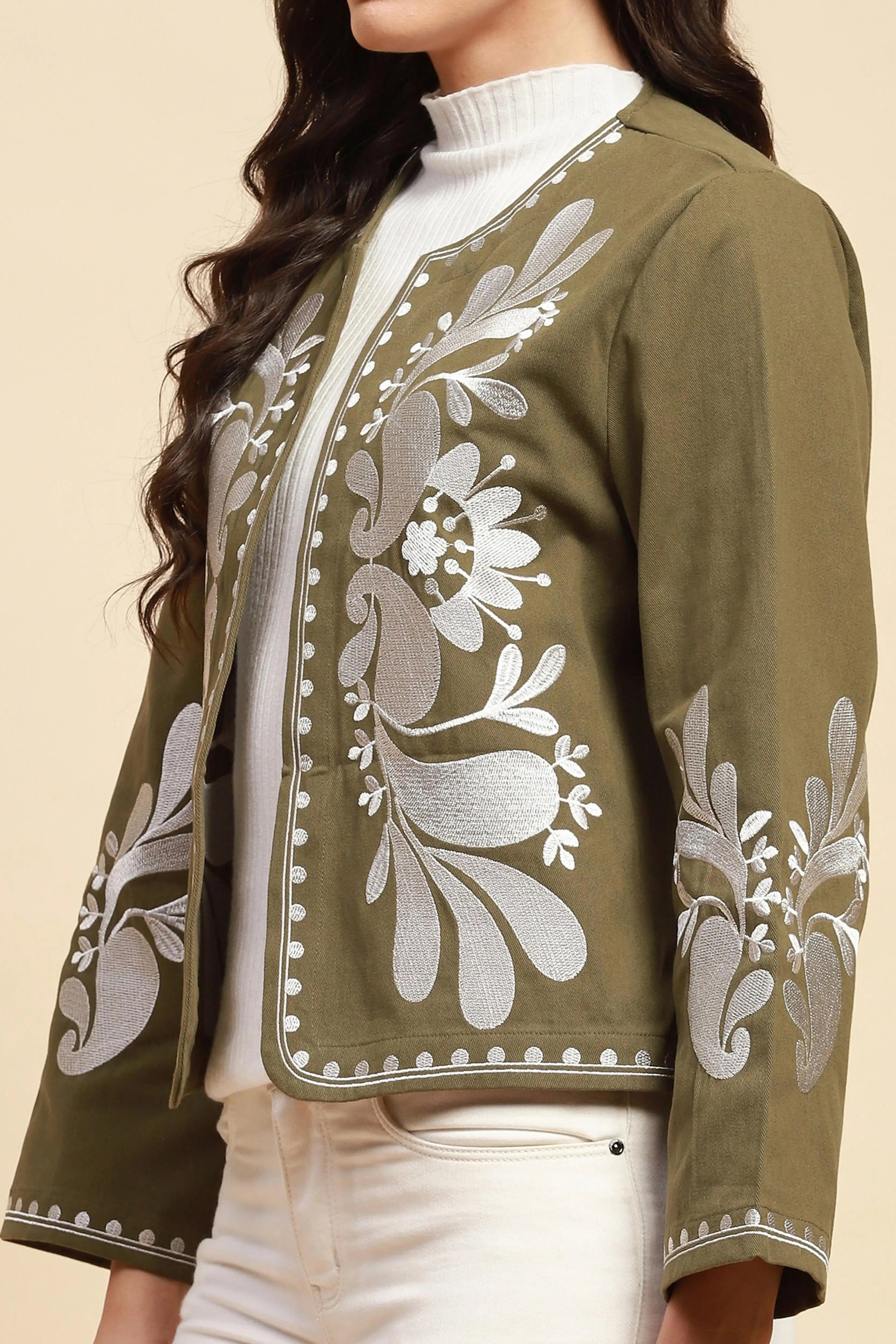 Sage Green Cotton Loose Fit Shrug For Women - Global Republic