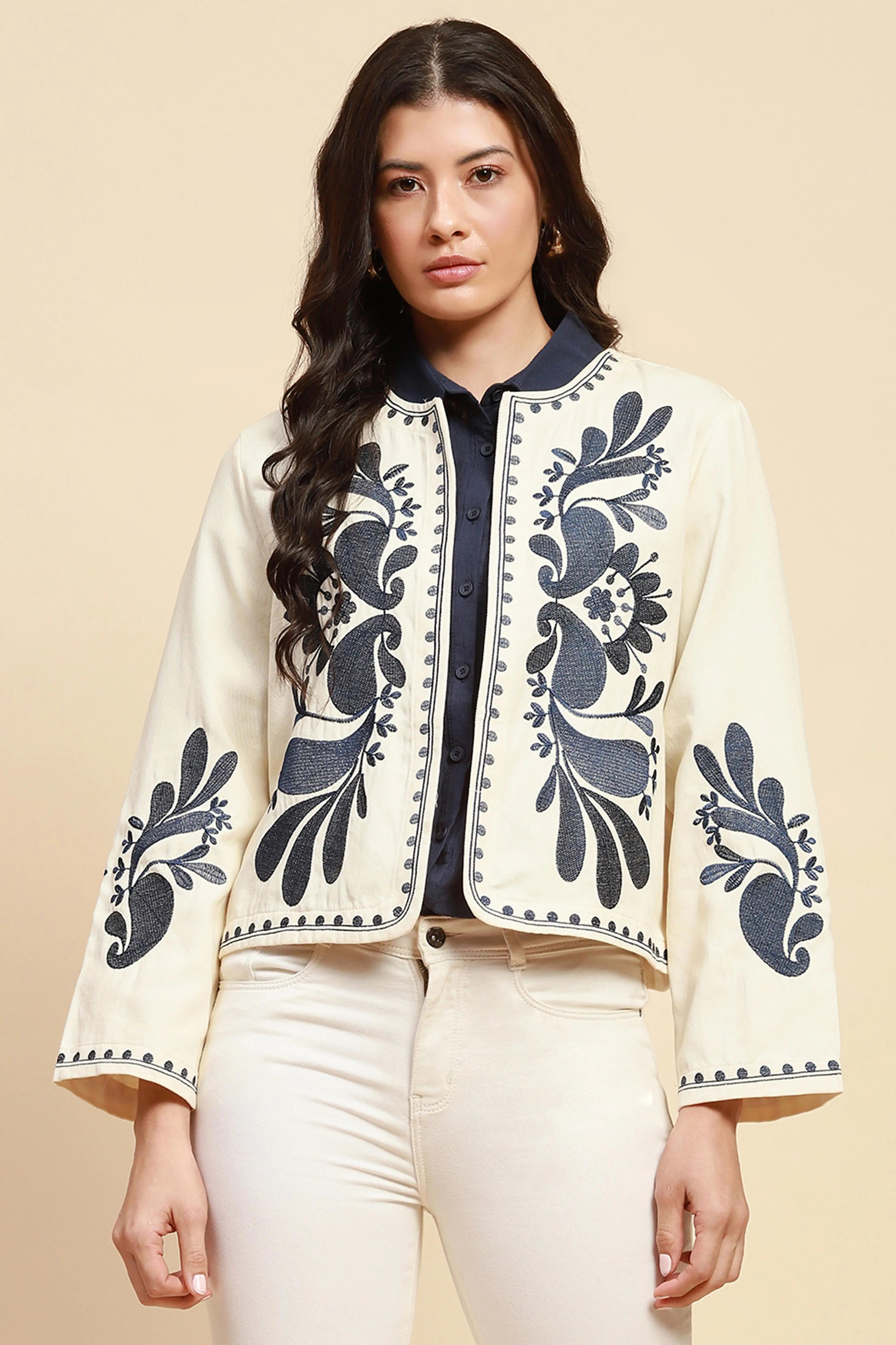 Cream & Blue Cotton Loose Fit Shrug - Global Republic