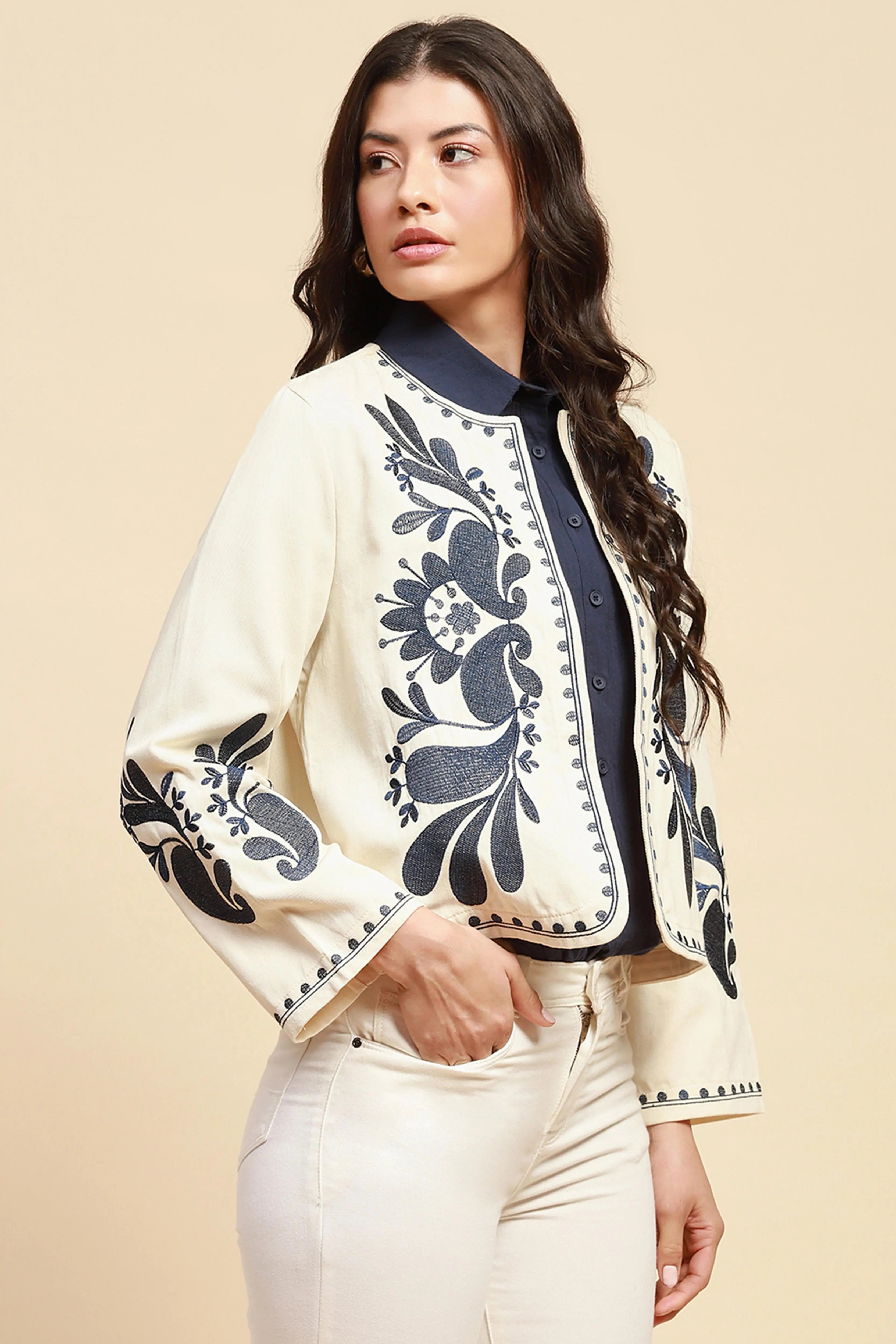 Cream & Blue Cotton Loose Fit Shrug - Global Republic