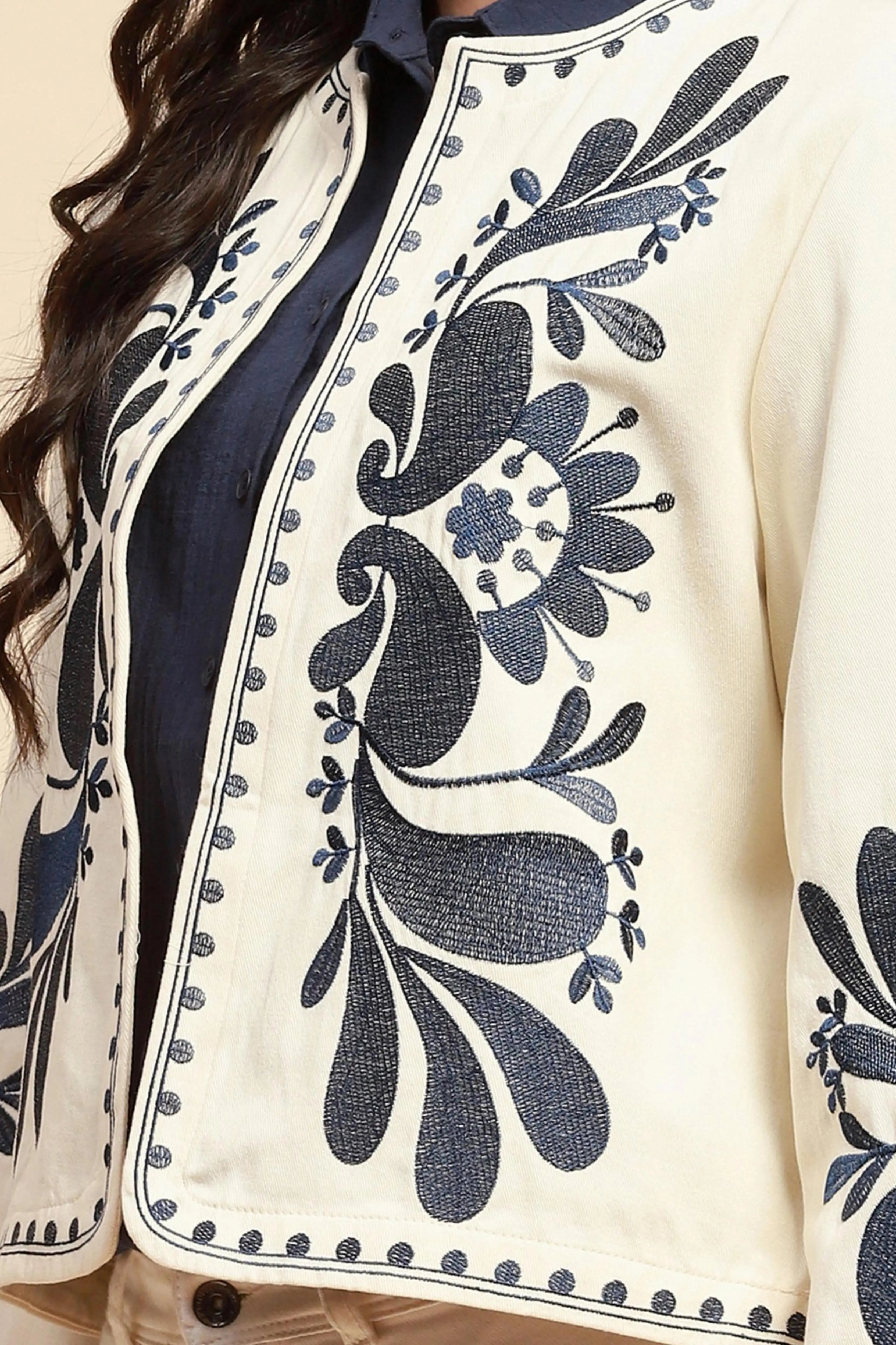 Cream & Blue Cotton Loose Fit Shrug - Global Republic