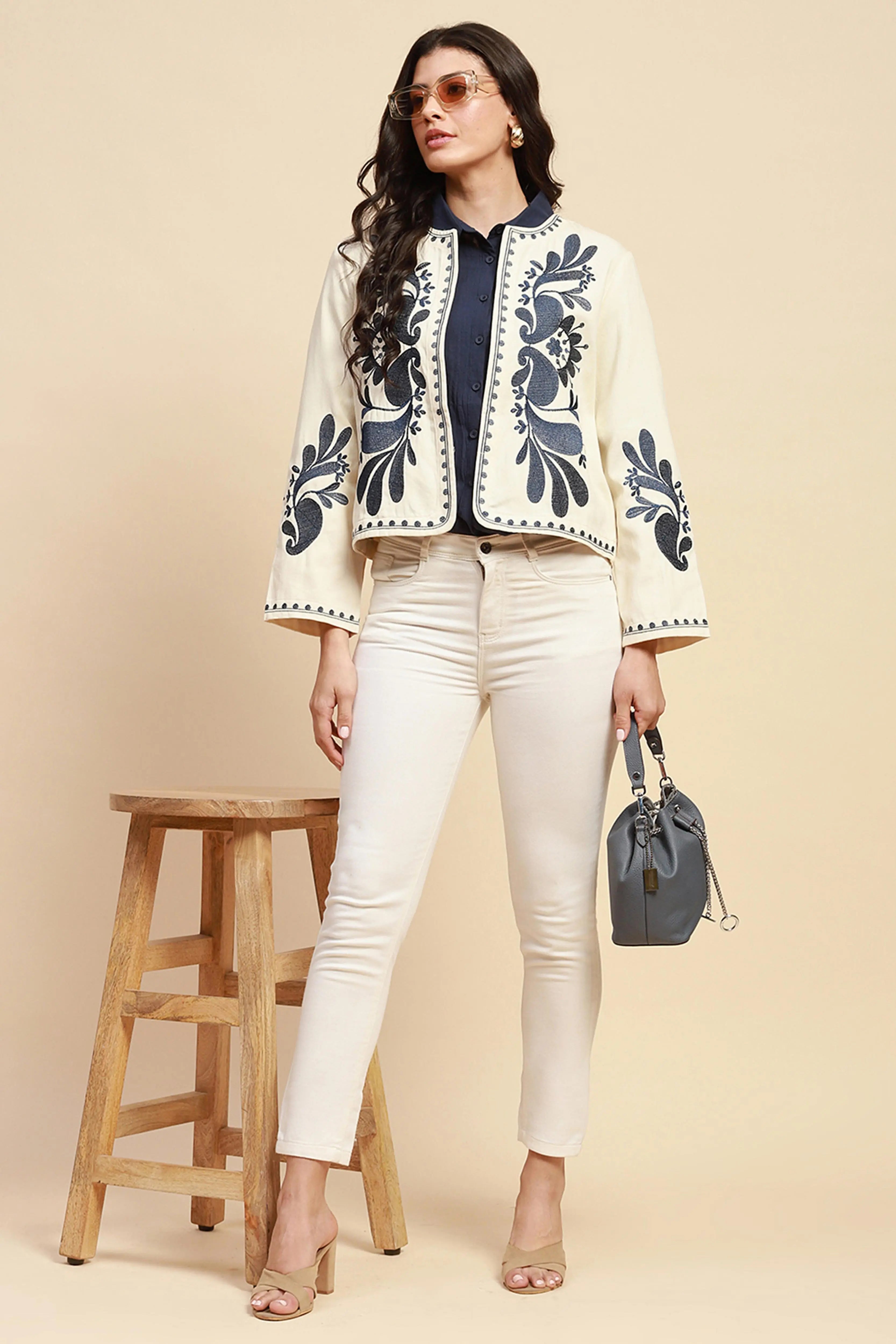 Cream & Blue Cotton Loose Fit Shrug - Global Republic