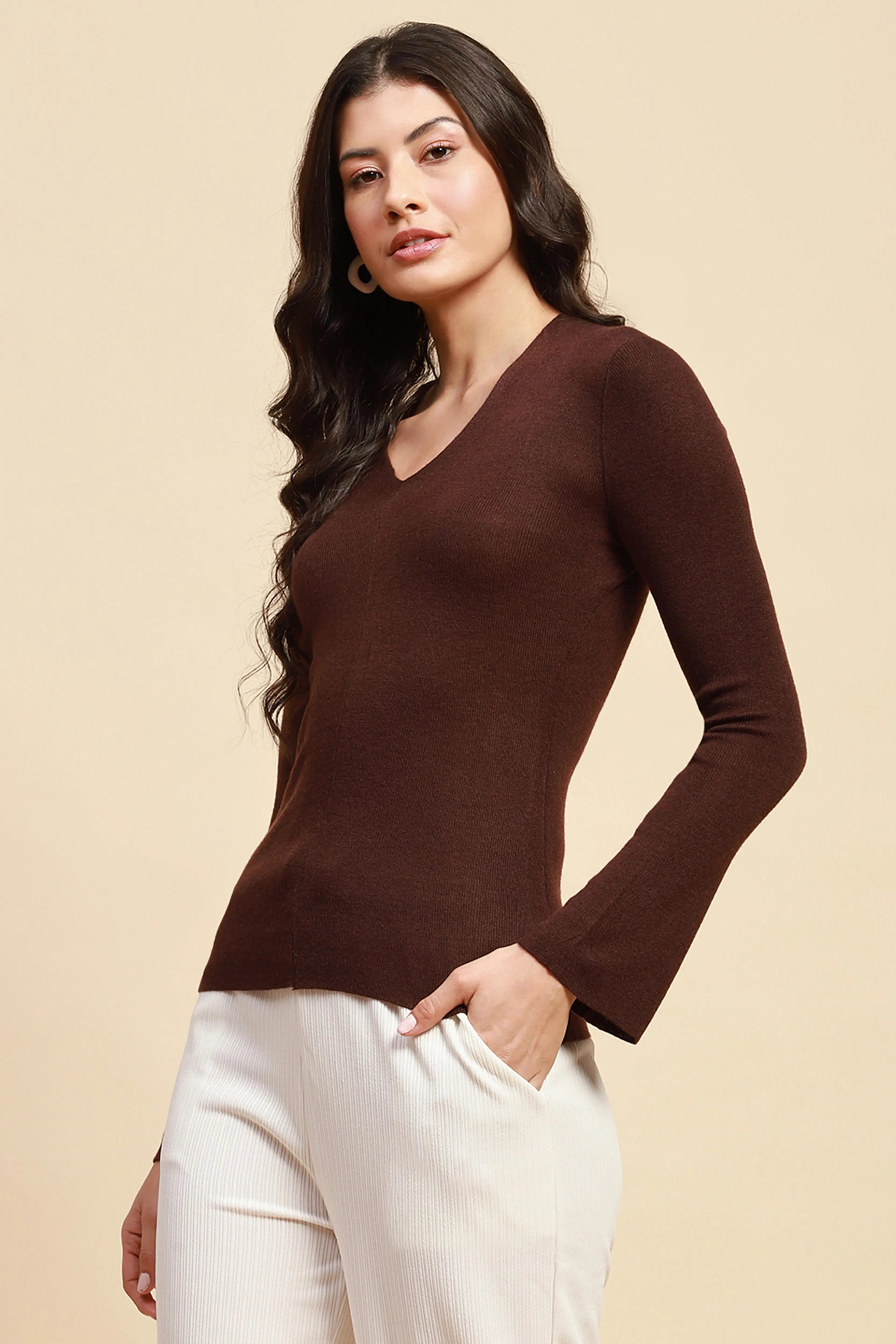 Brown  Slim Fit Winter Top - Global Republic