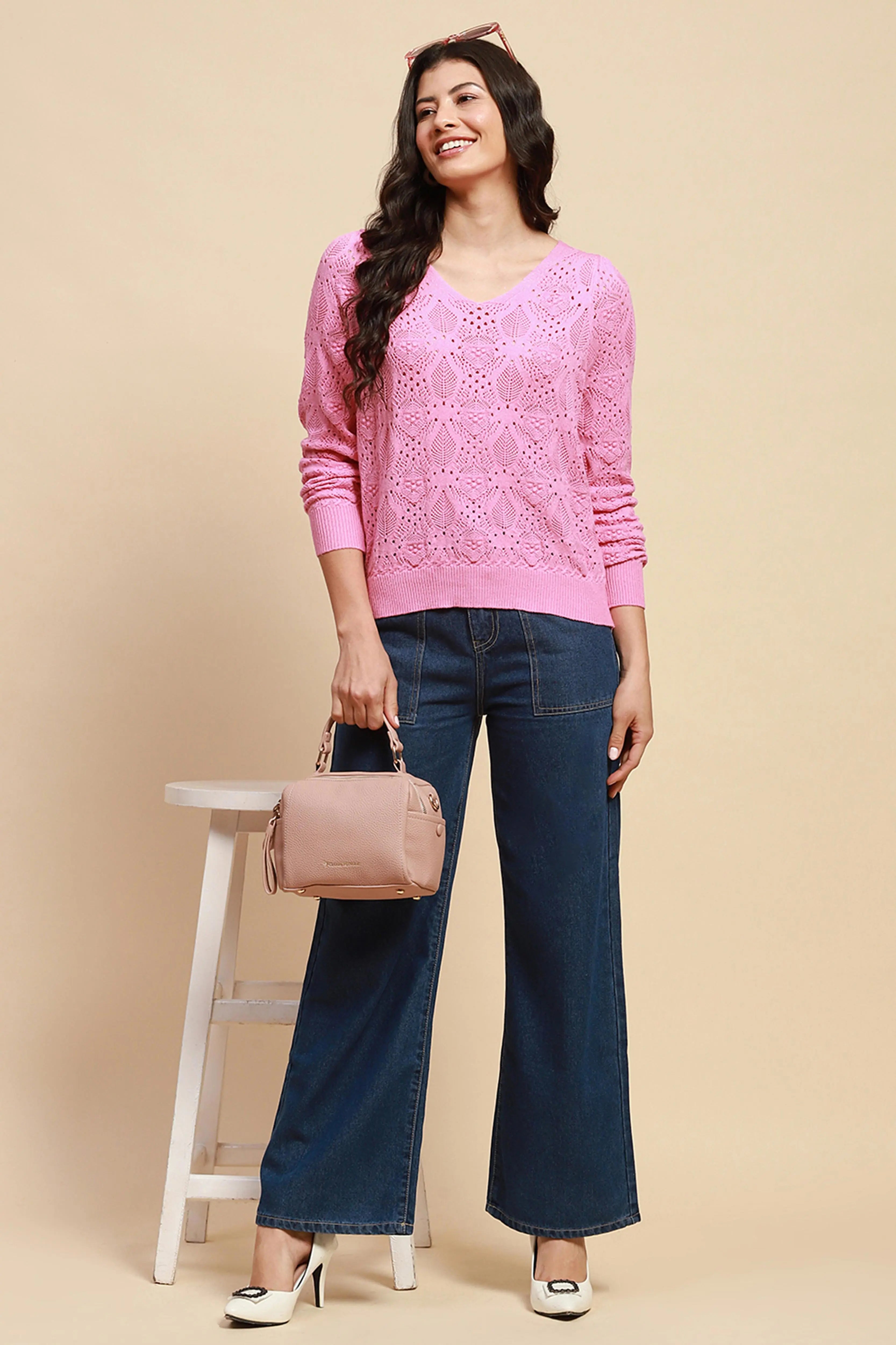 Pink Viscose Blend Loose Pullover - Global Republic