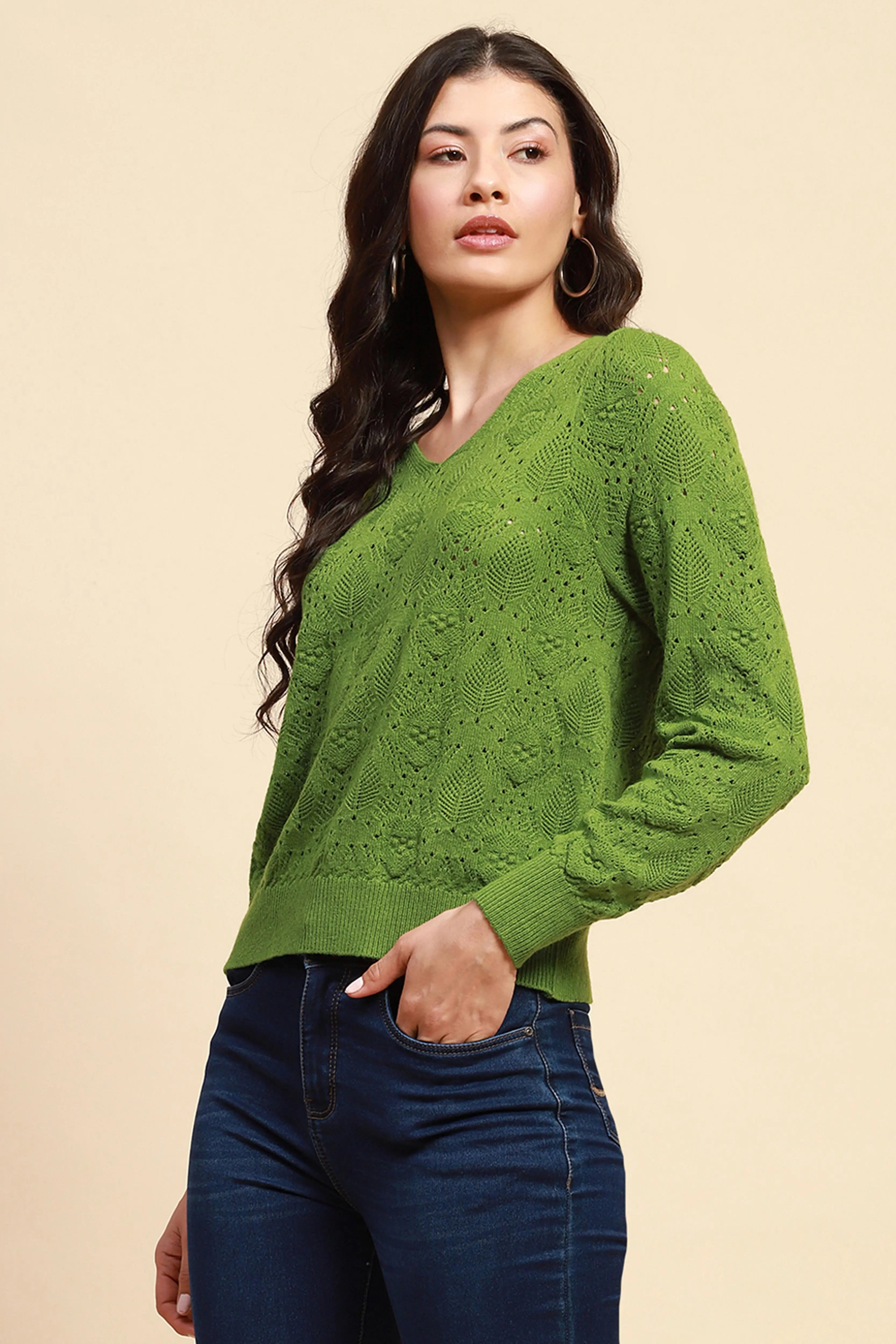 Green Viscose Blend Relaxed Fit Pullover For Women - Global Republic