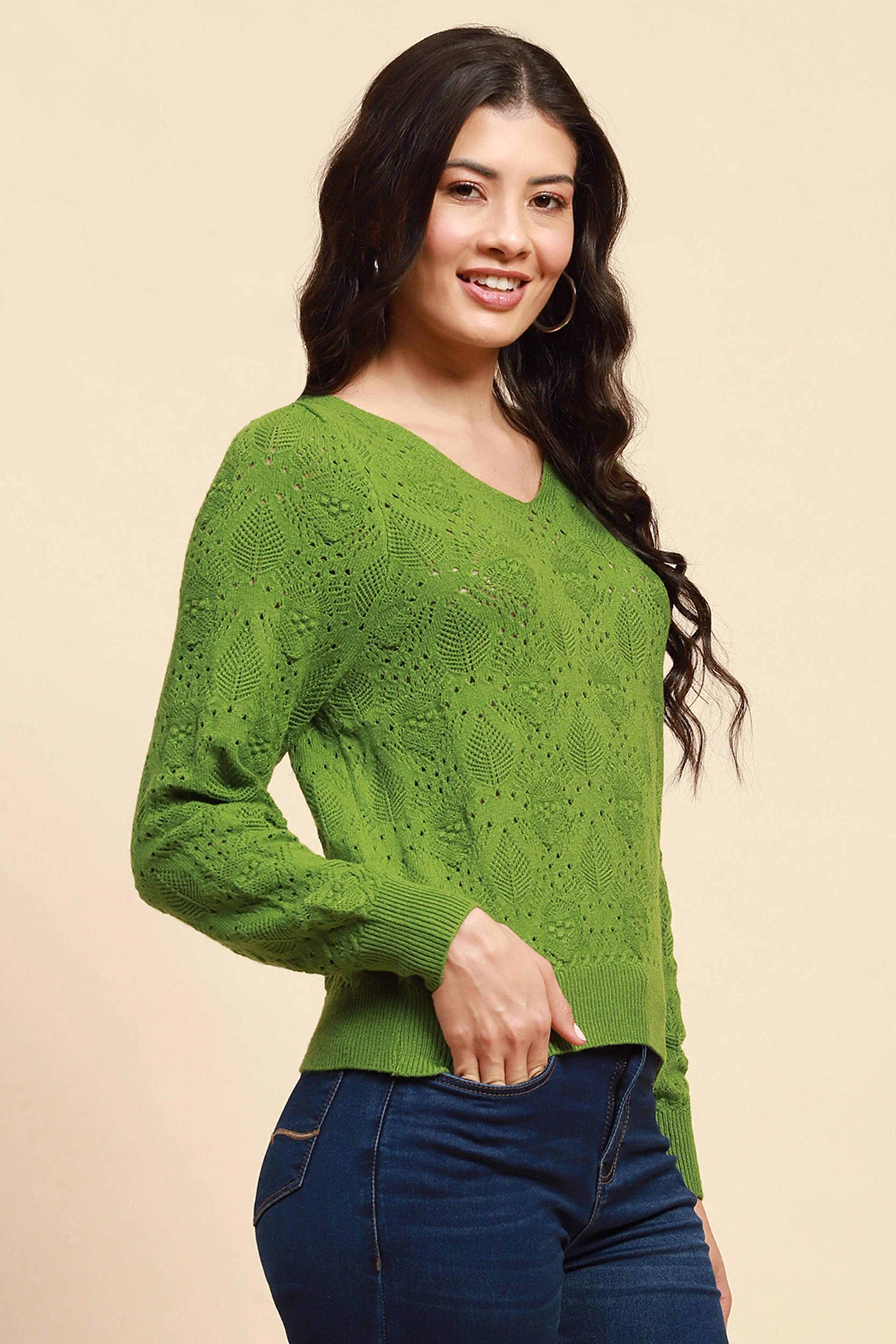 Green Viscose Blend Relaxed Fit Pullover For Women - Global Republic