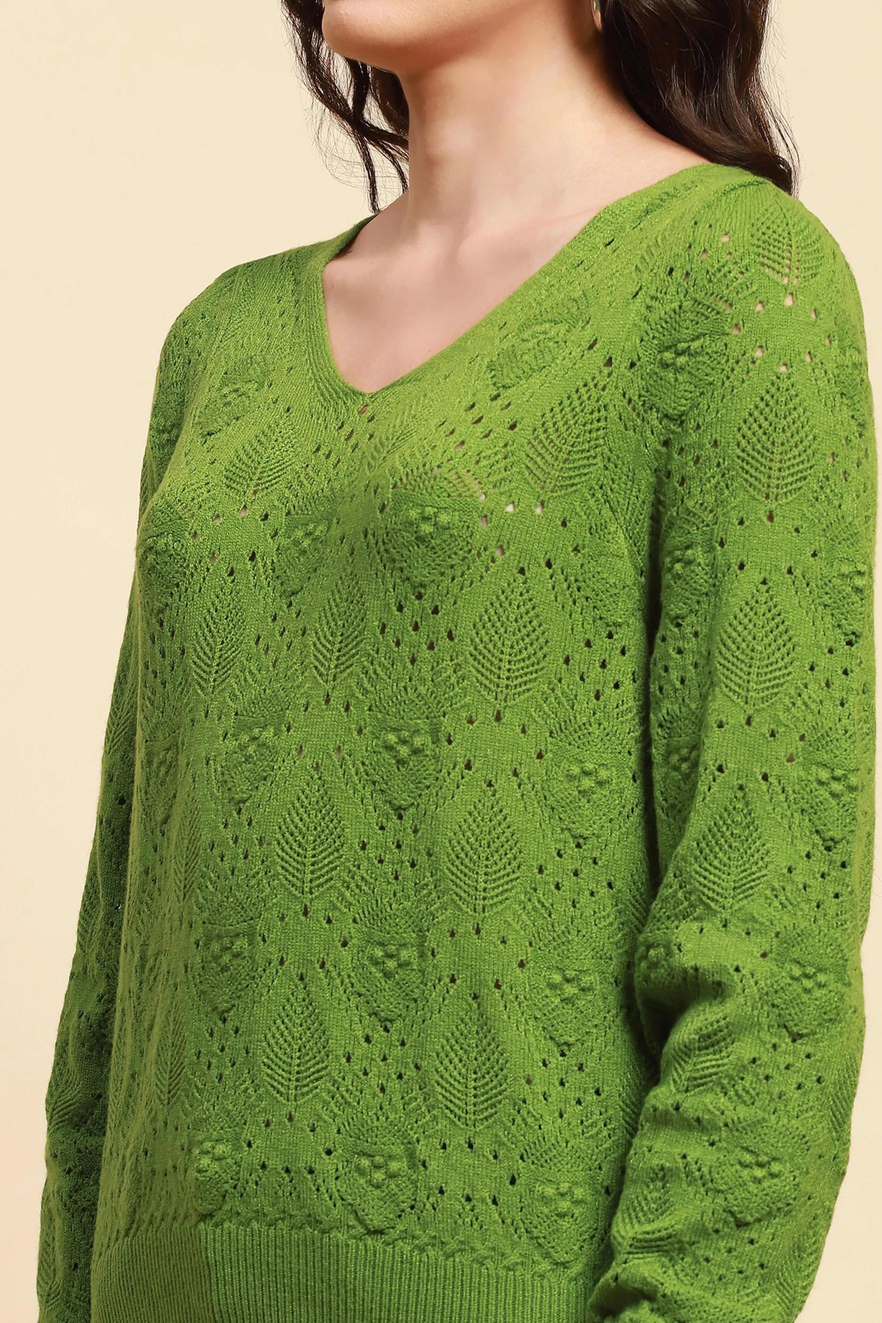 Green Viscose Blend Relaxed Fit Pullover For Women - Global Republic