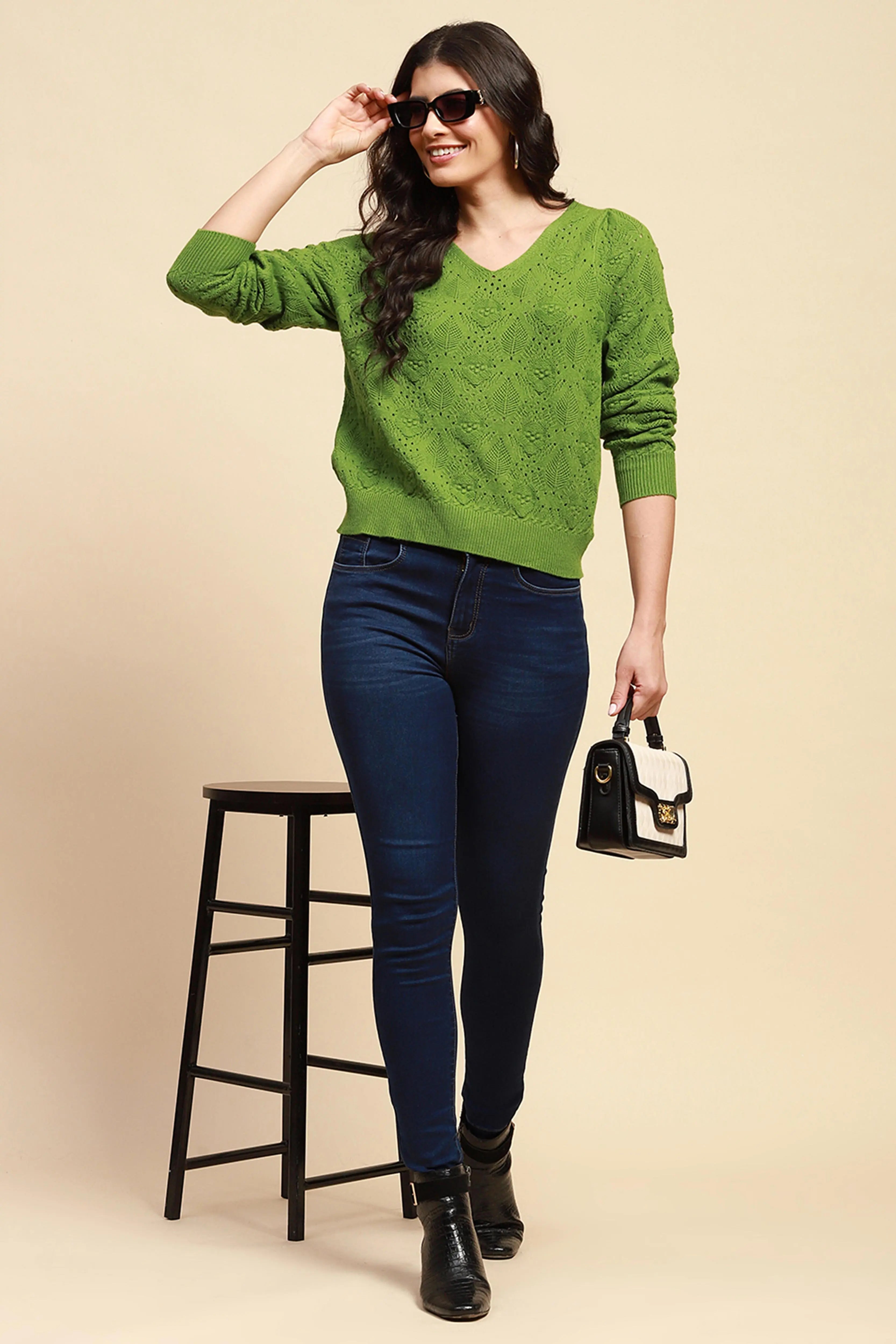 Green Viscose Blend Relaxed Fit Pullover For Women - Global Republic