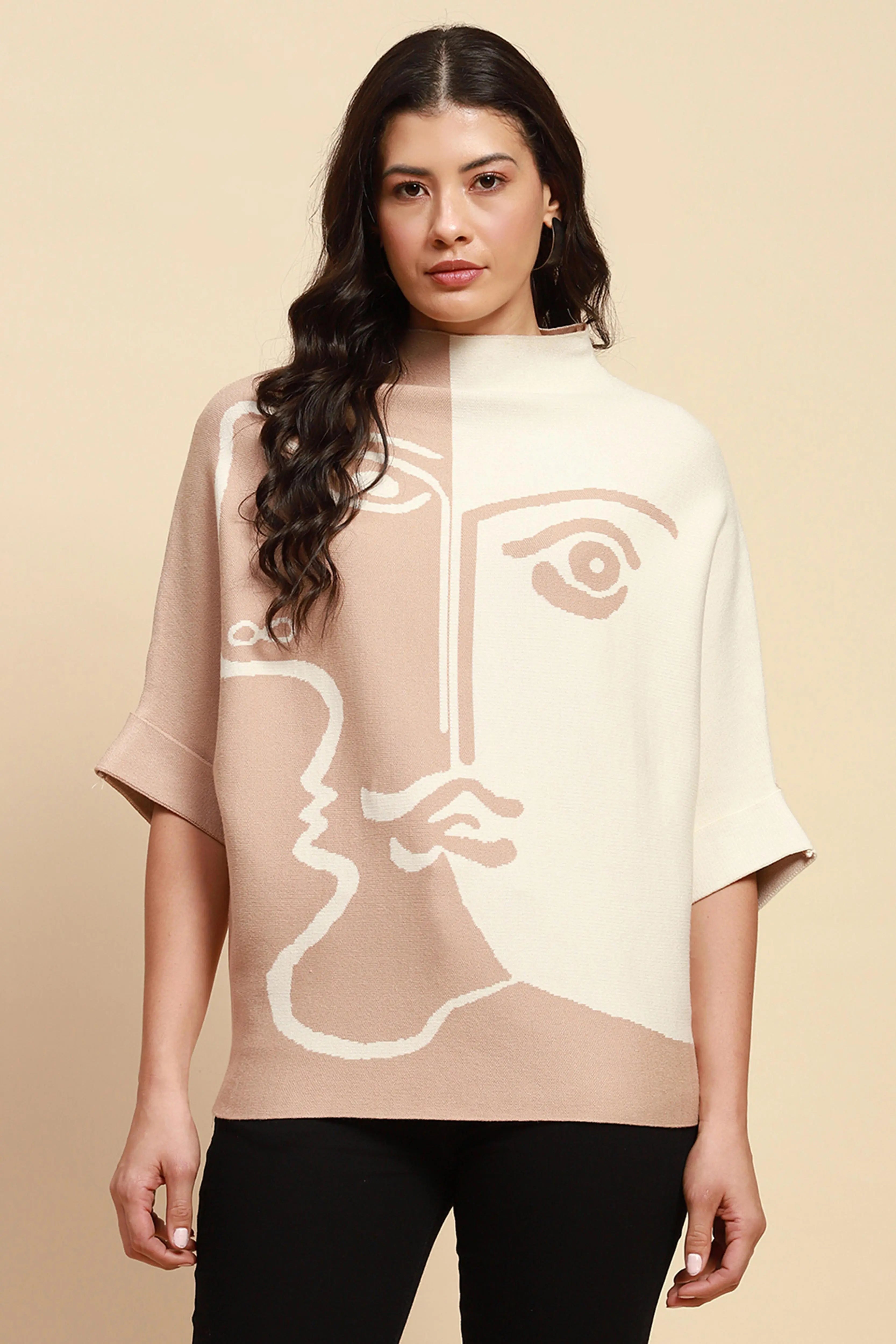 Beige Viscose Blend Loose Fit Pullover - Global Republic