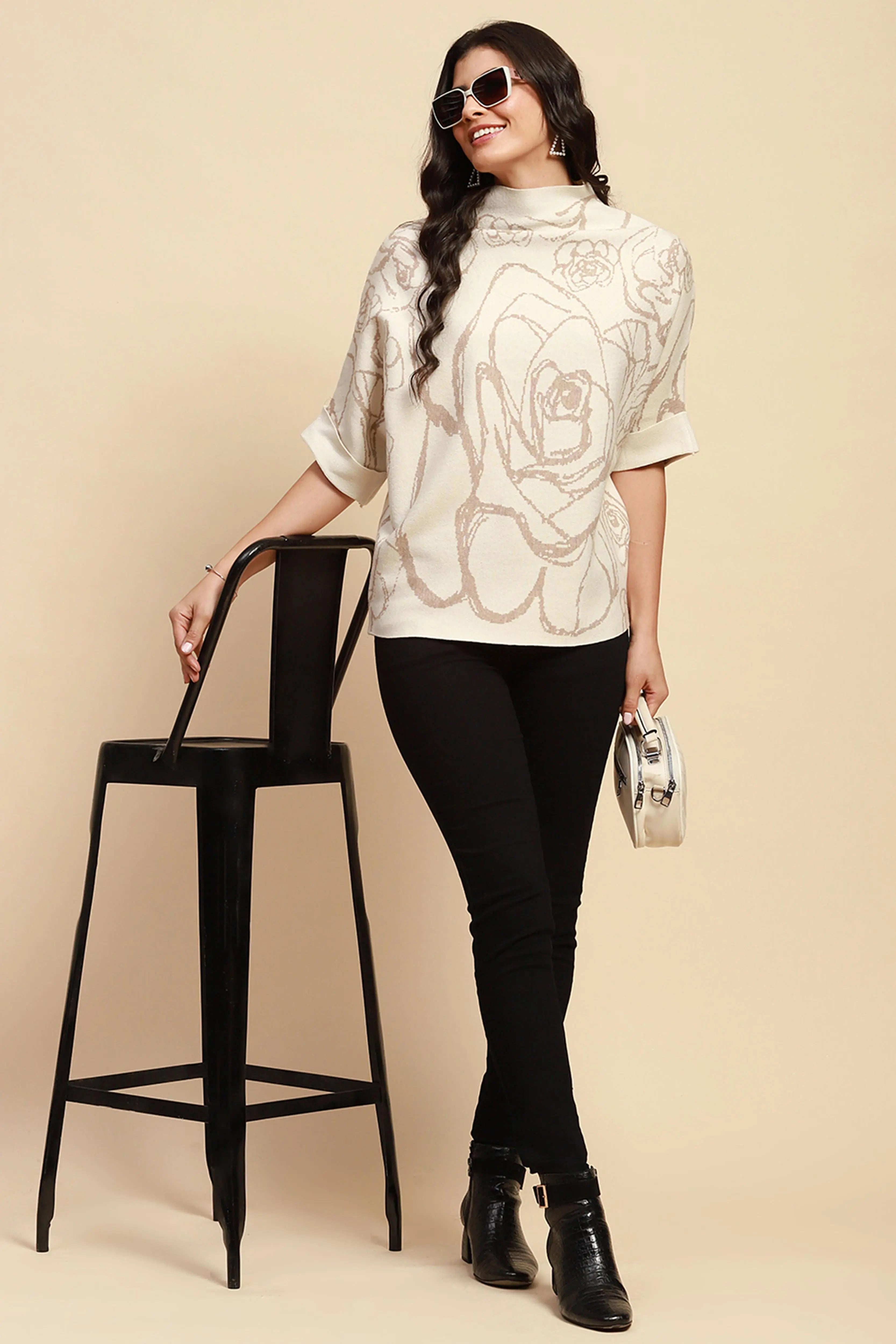 Off White Viscose Loose Fit Pullover - Global Republic