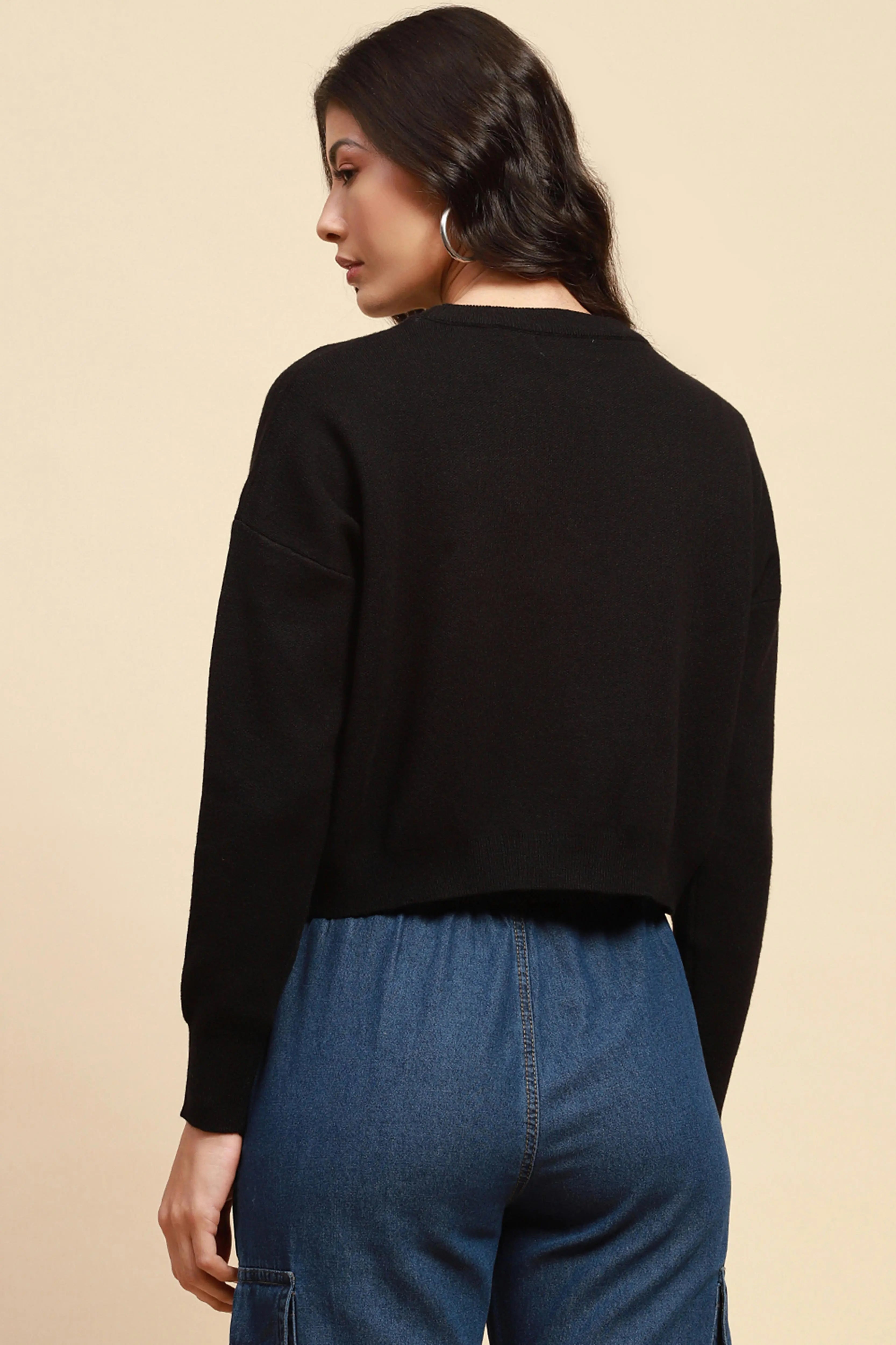 Black Viscose Boxy Fit Crop Pullover - Global Republic