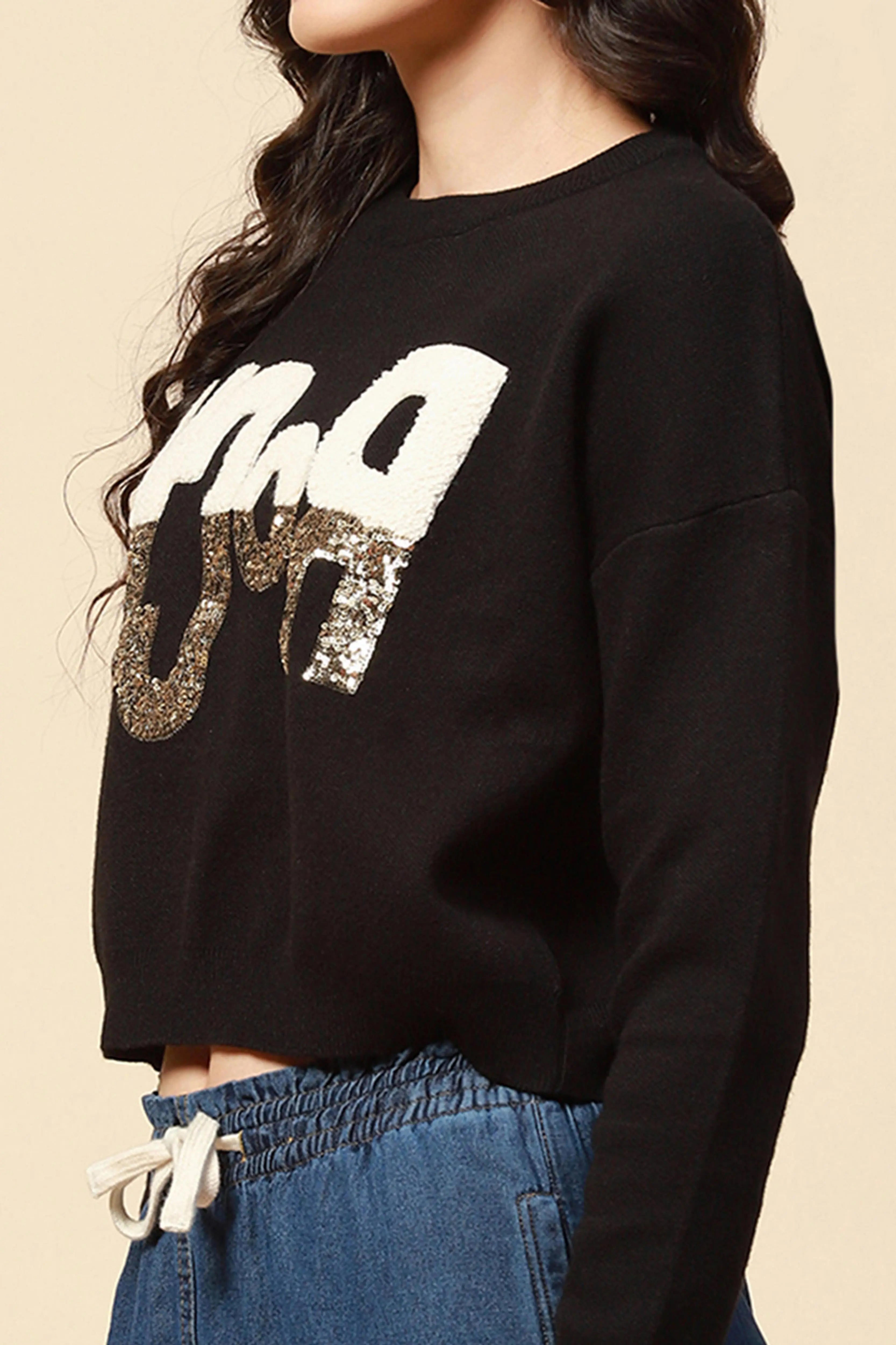 Black Viscose Boxy Fit Crop Pullover - Global Republic