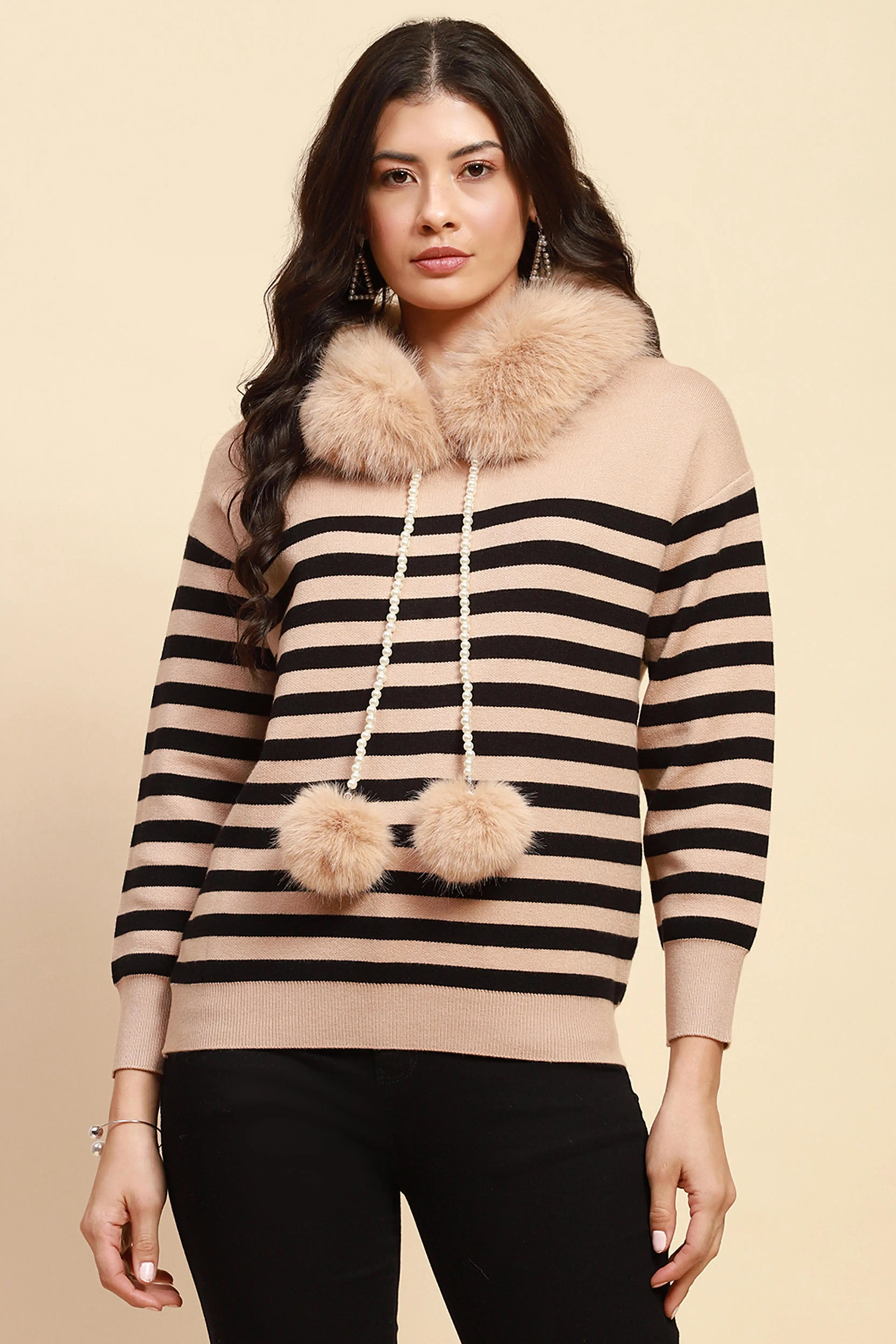 Beige Viscose Relaxed Fit Pullover - Global Republic