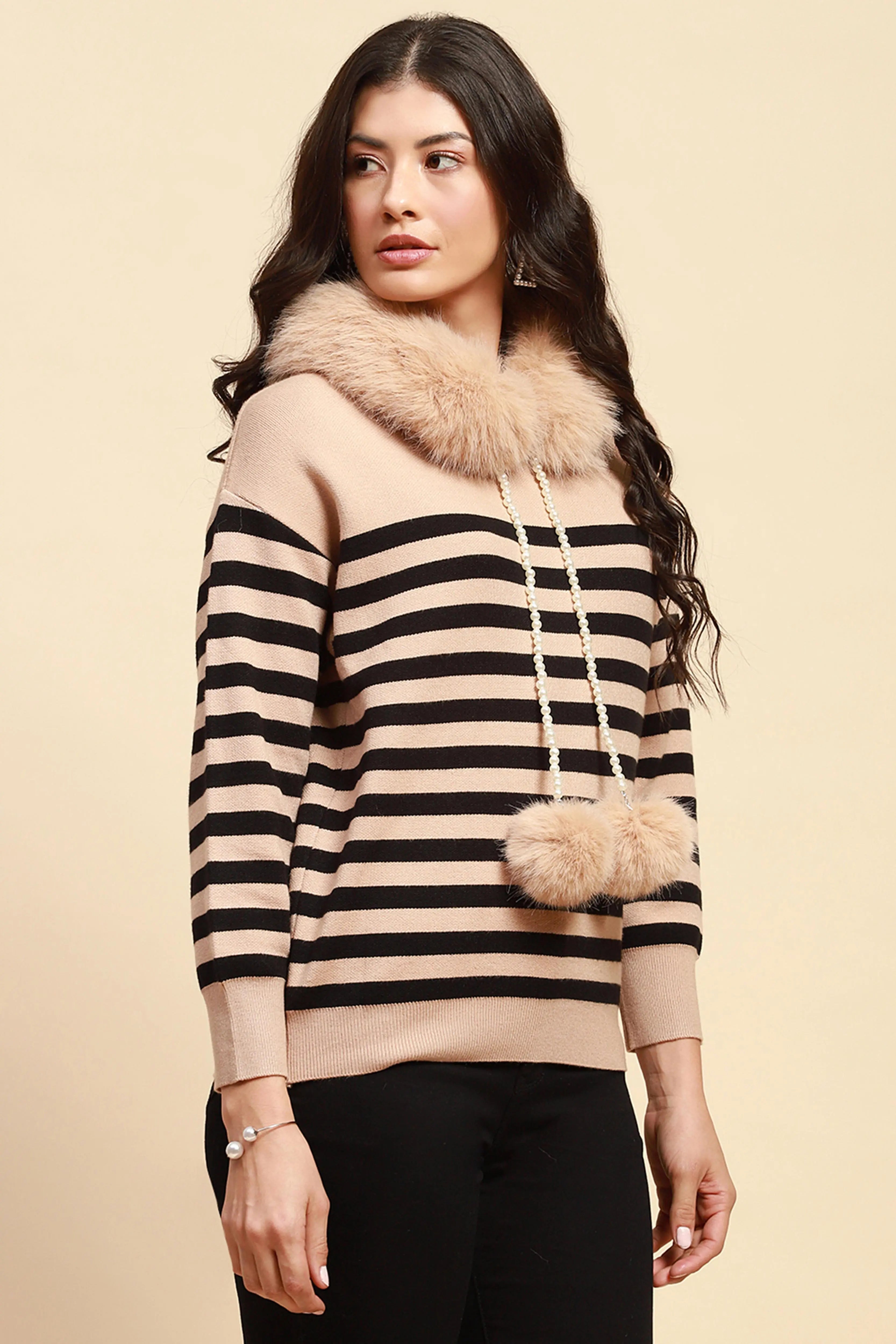 Beige Viscose Relaxed Fit Pullover - Global Republic