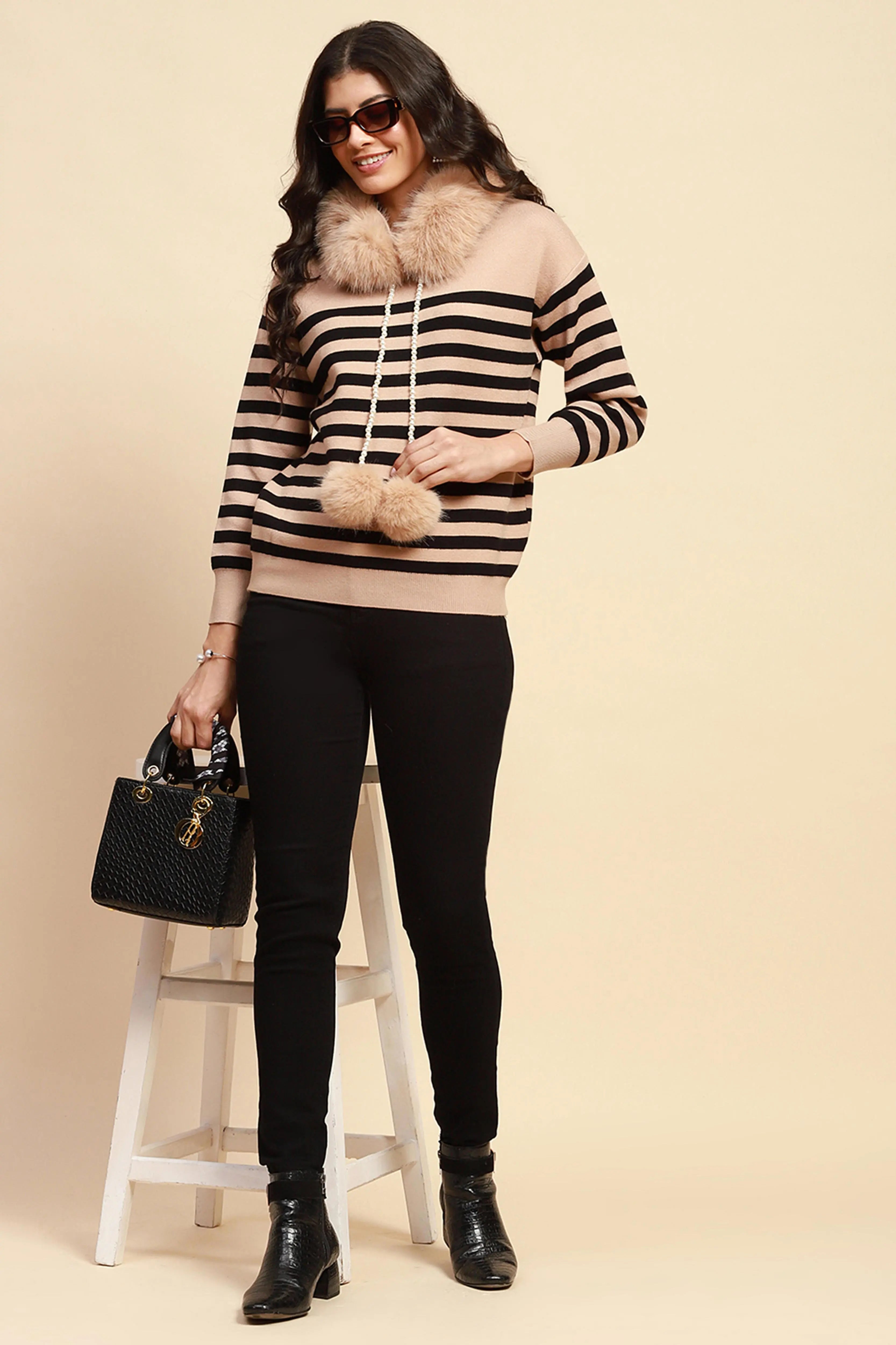 Beige Viscose Relaxed Fit Pullover - Global Republic